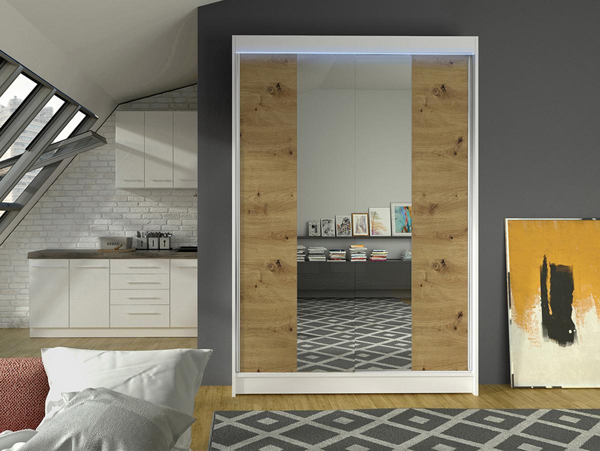 SCHWEBETÜRENSCHRANK Lino II mit RGB LED Beleuchtung - Weiß/Eiche Artisan, Holzwerkstoff/Metall (120/200/58cm) - MIRJAN24