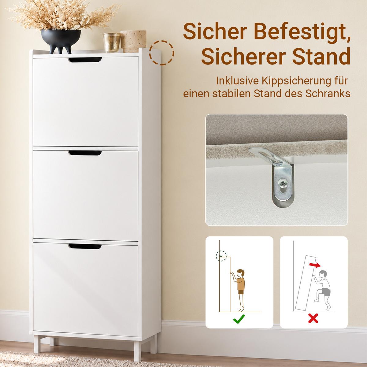 SCHUHSCHRANK weiß, 50x129x19 cm, 3 Klappen für 6 Paar, hoch & nur 19 cm tief, erweiterbar zur Schuhwand - Weiß, Holzwerkstoff/Metall (50/129/19cm) - SoBuy