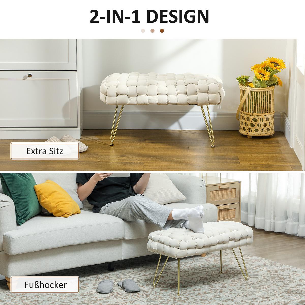 SITZHOCKER mit Samtoptik Cremeweiß 76/38/41,5 cm - Weiß, Textil (76/41.5/38cm) - HOMCOM