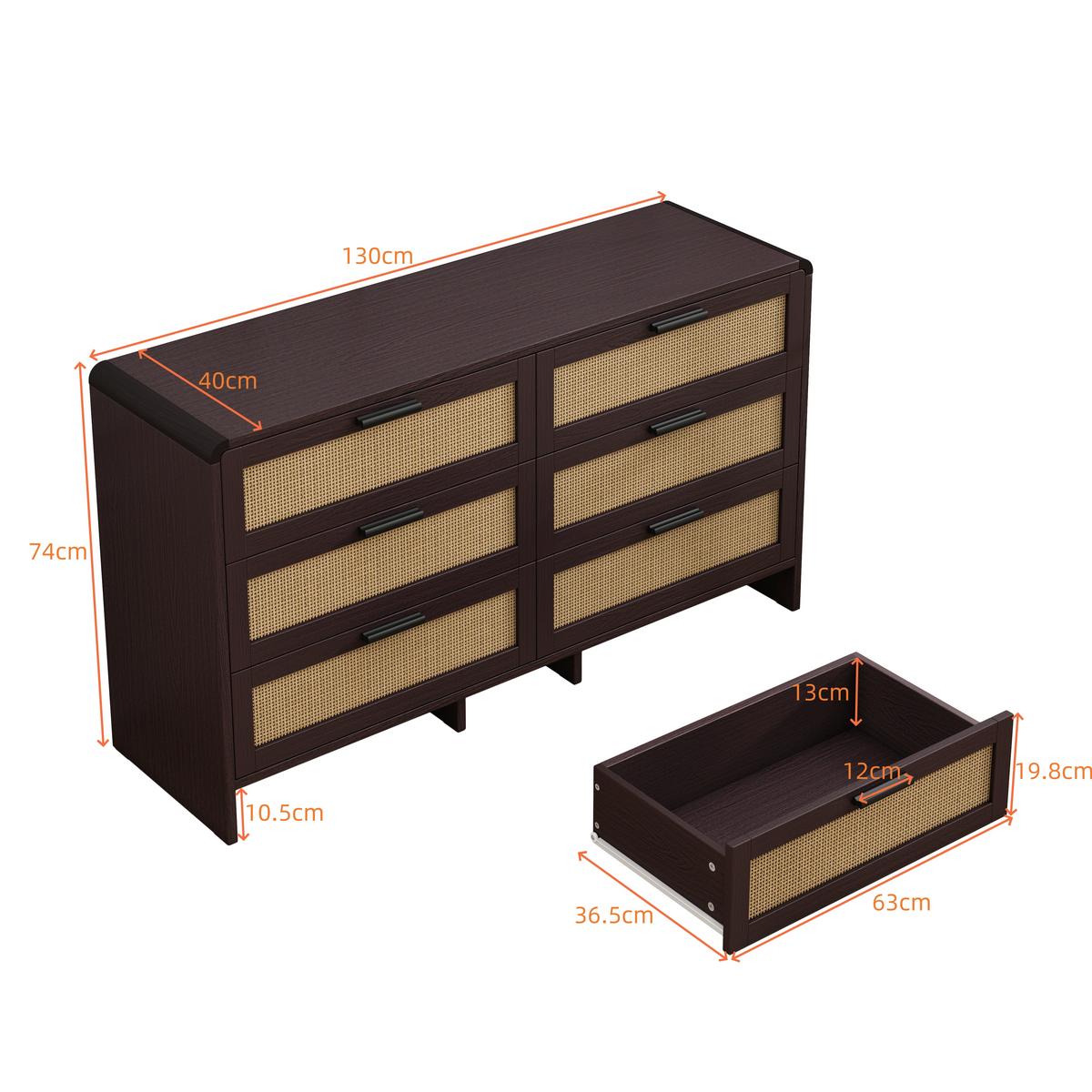 SIDEBOARD holzwerkstoff in rotbraun mit rattan-geflecht, abgerundete ecken & 6 schubladen - Walnussfarben, Holzwerkstoff (130/74/40cm) - Urban Meuble