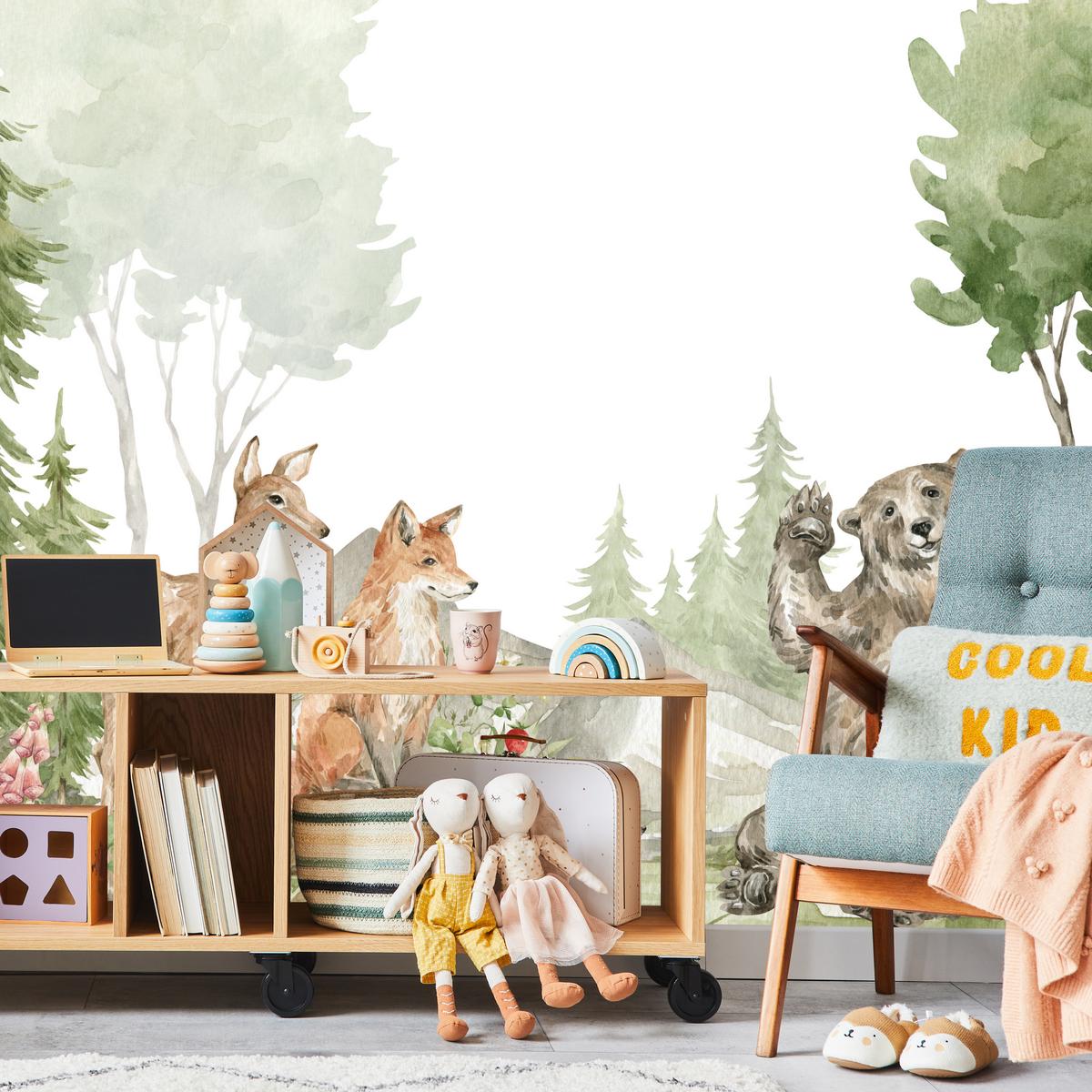 FOTOTAPETE für Kinderzimmer Aquarell Waldtiere Fuchs Reh Tragen 100x70 - Multicolor, Papier (100/70cm) - Muralo