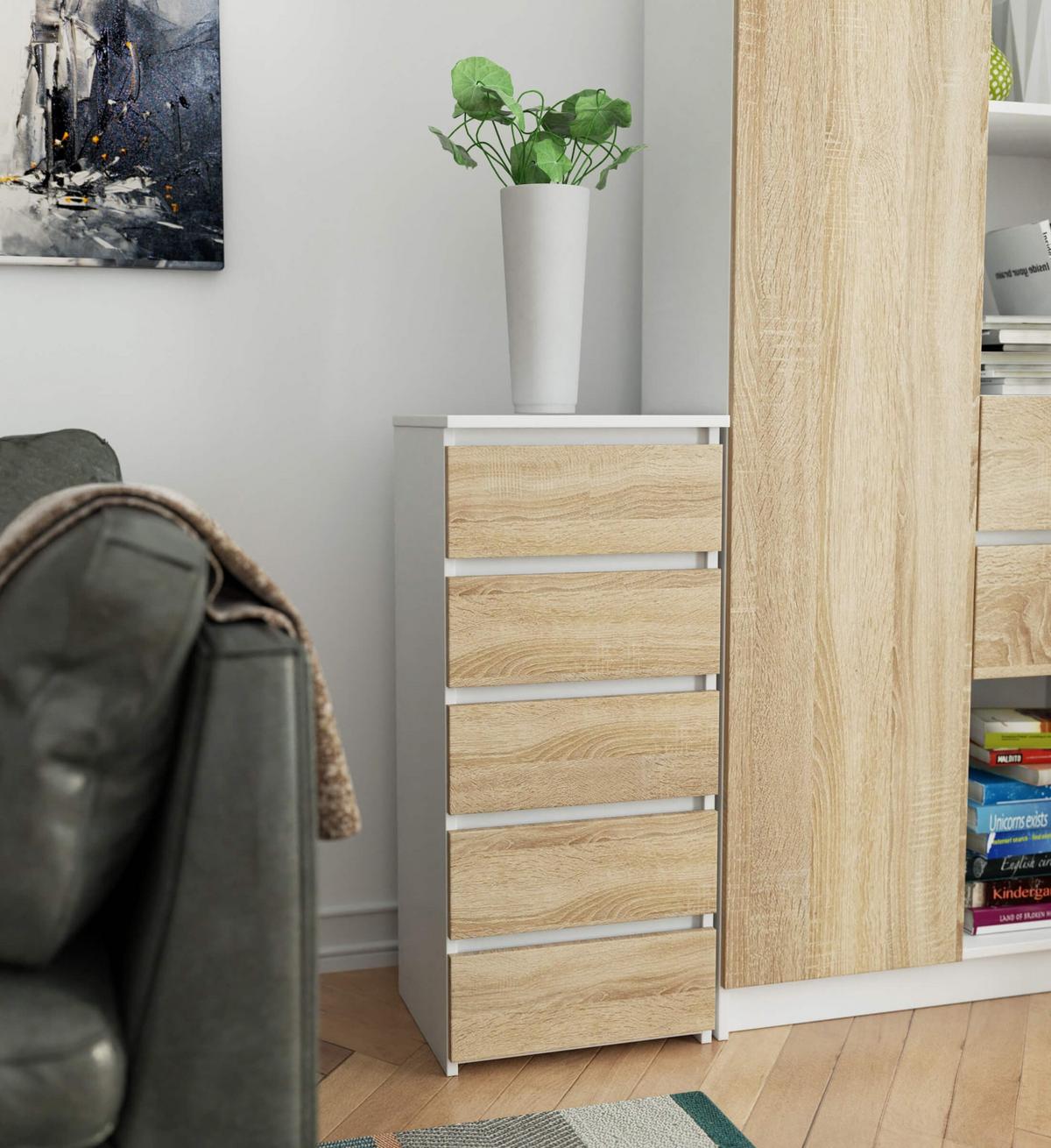 KOMMODE Weiß, Eiche Sonoma 92/40/35 - Weiß, Holzwerkstoff (40/92/35cm) - RAUMHIRSCH FURNITURE