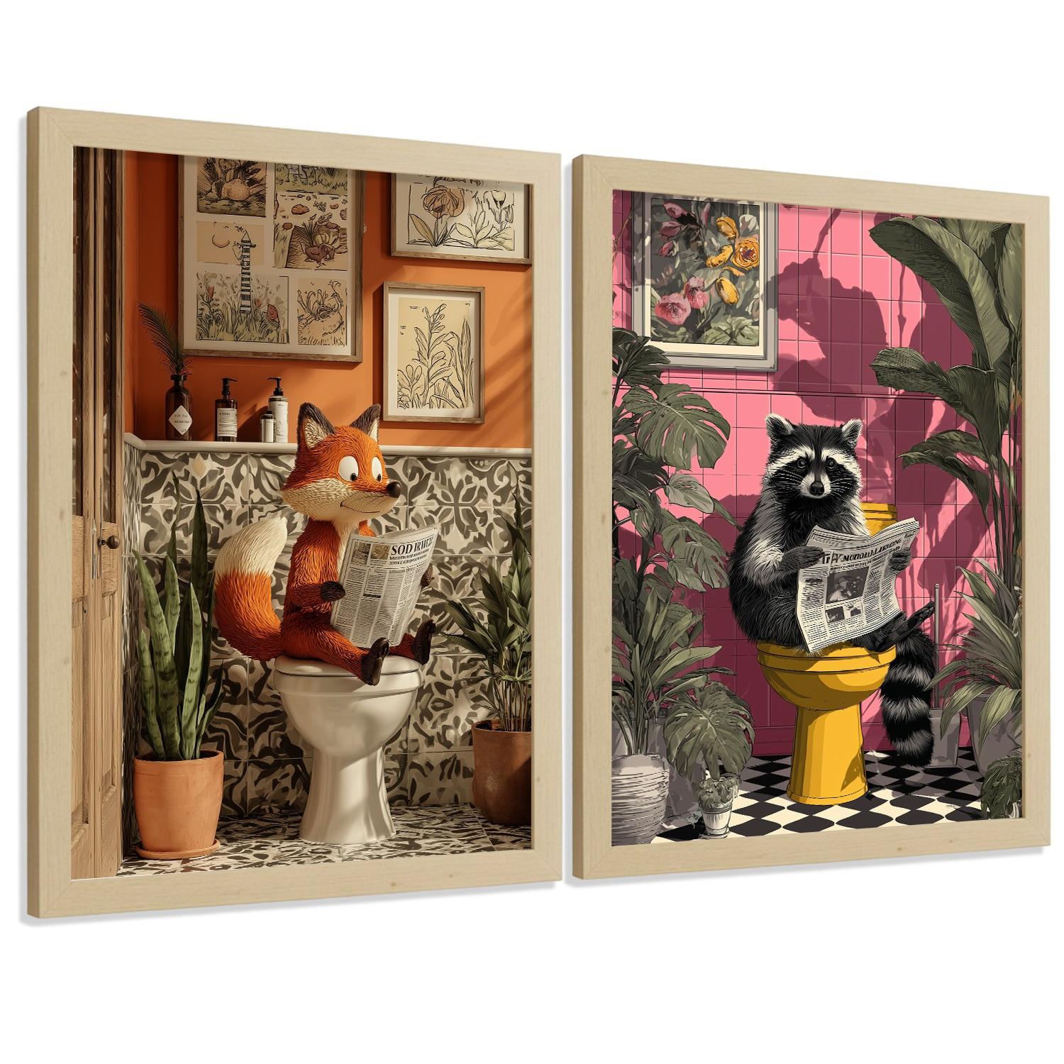 POSTER 2er-Set lustige Tierdrucke im Badezimmer, Fuchs und Waschbär-Dekorationsbilder im modernen Stil Leichter Holzrahmen A3 - Beige, Papier (42/29.7/3cm) - Nacnic