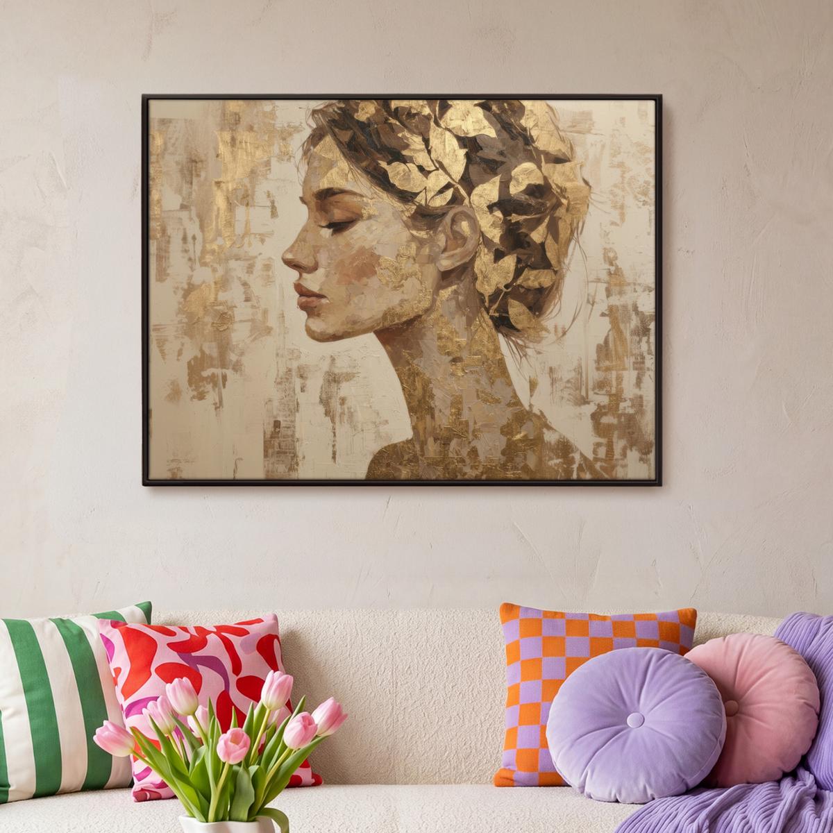 LEINWAND Bilder mit Rahmen - Frau - Gold - Abstrakt - Textur - 100x70 - Goldfarben, Textil (100/70cm) - MuchoWow