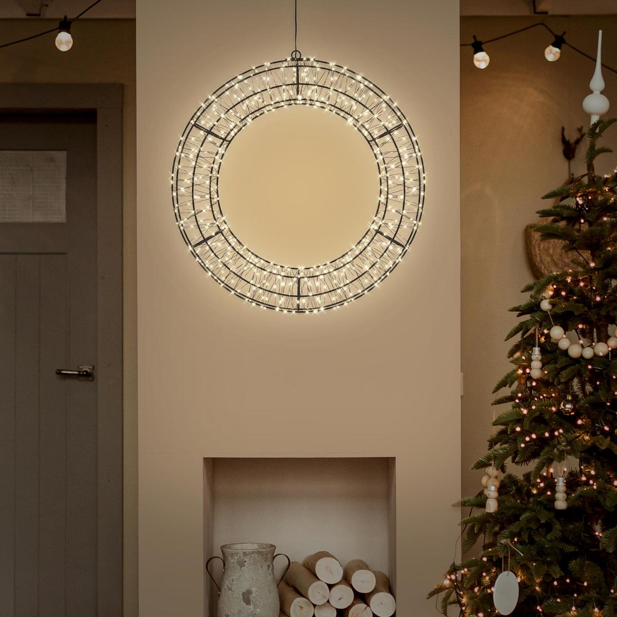 LED WEIHNACHTSKRANZ Ø50 cm Weihnachtsdeko mit Lichterkette Warmweiß Lichterkranz Außen - Schwarz, Metall (50/50/4.5cm) - ECD-Germany