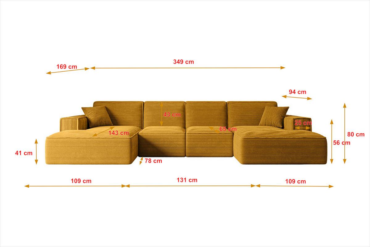 WOHNLANDSCHAFT SIERRA-U - 349x169x80 cm Senfgelb Cord - Gelb/Schwarz, Holzwerkstoff/Kunststoff (349/80/169cm) - ALTDECOR