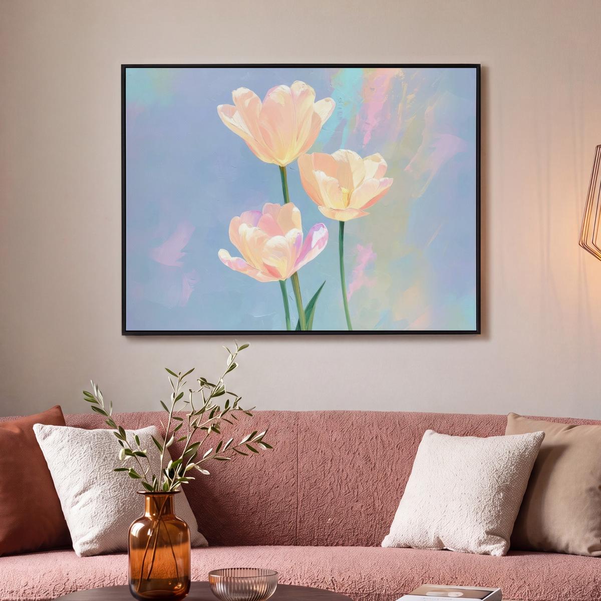 LEINWAND Bilder mit Rahmen - Tulpen - Rosa Akzente - Blau - 100x70 - Pastellblau, Textil (100/70cm) - MuchoWow