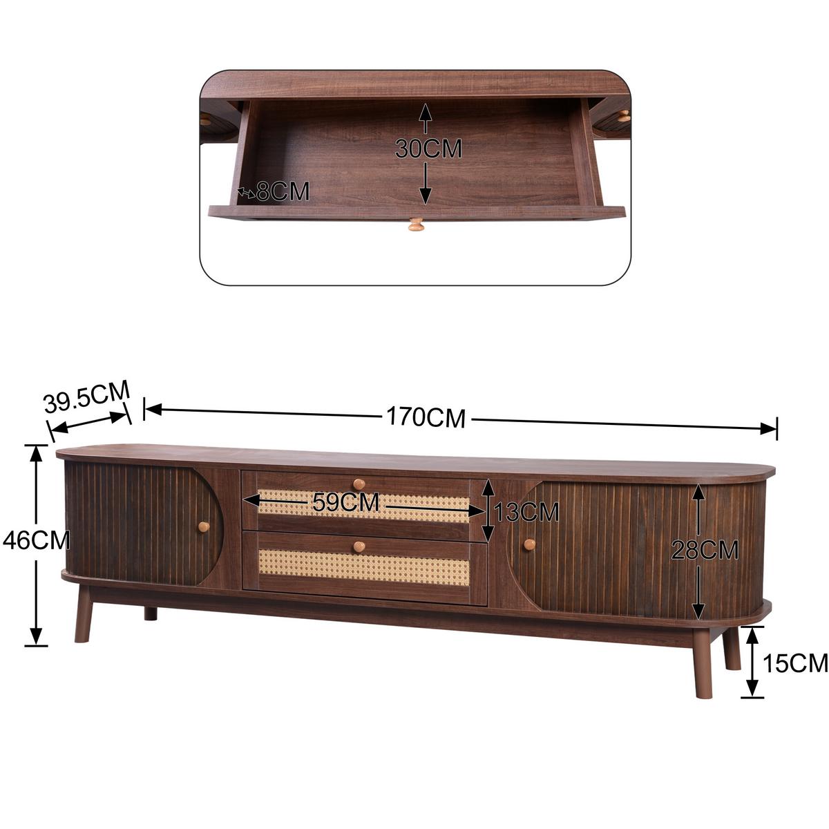 TV-SCHRANK Landhausstil Rattan-Front & Holztüren - Weiß, Naturmaterialen/Holzwerkstoff (170/46/40cm) - Urban Meuble