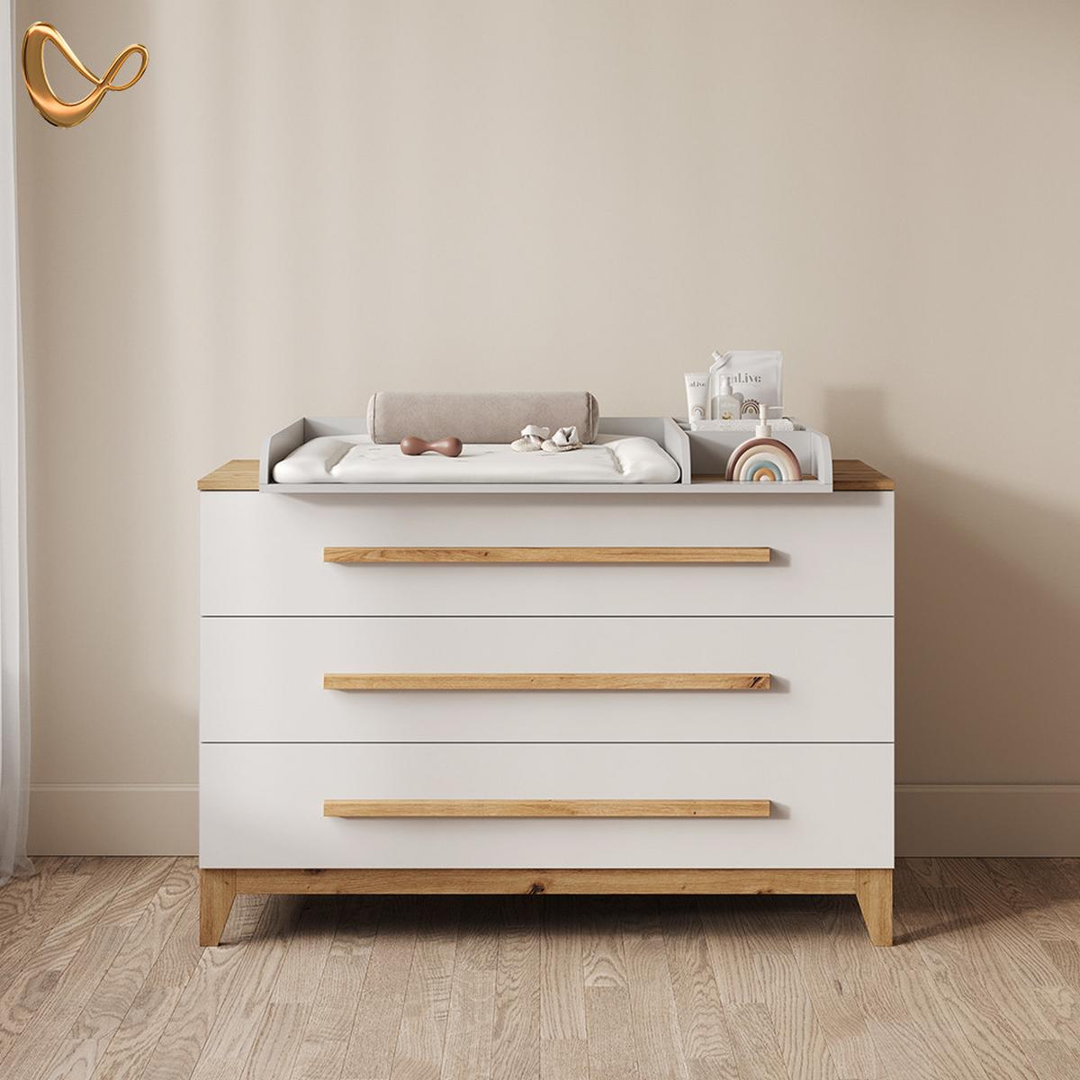 WICKELKOMMODE Mailo Weiß/Artisan XL mit 3 Schubladen - Weiß/Eiche Artisan, Holzwerkstoff (133/98/70cm) - Livinity®