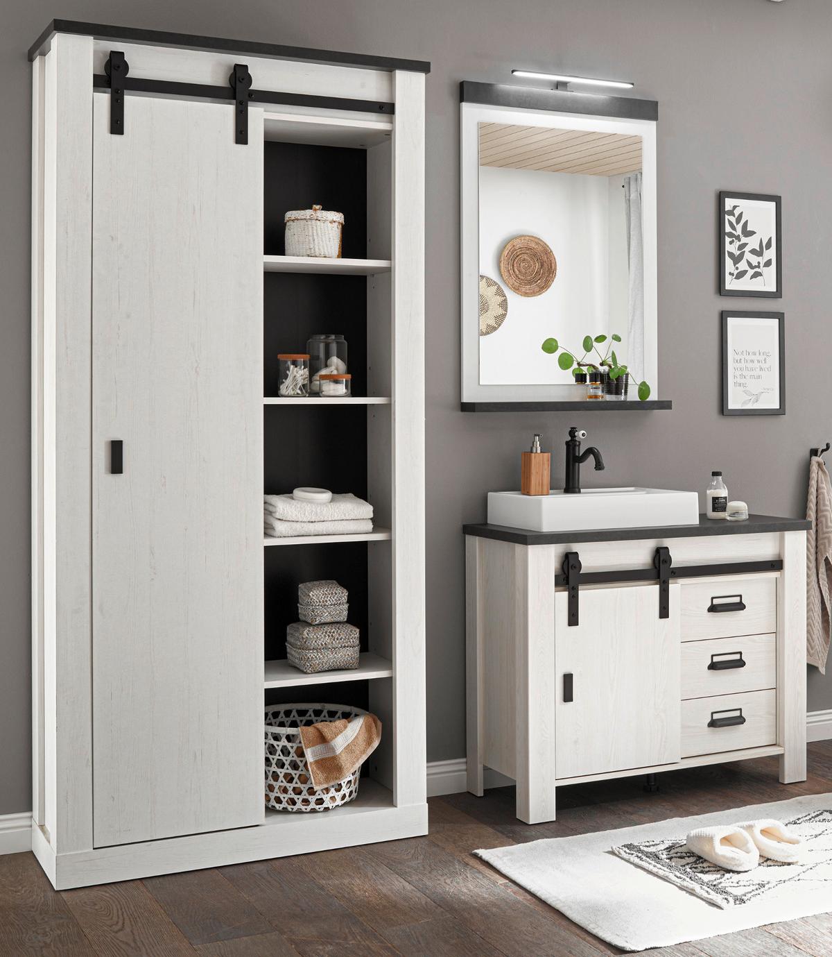 BADMÖBEL-SET 5-teilig weiß Pinie, anthrazit Landhaus, Badkombination mit Waschbecken und Spiegellampe - Anthrazit/Weiß, Holzwerkstoff/Metall (208/210/43cm) - Furn.Design