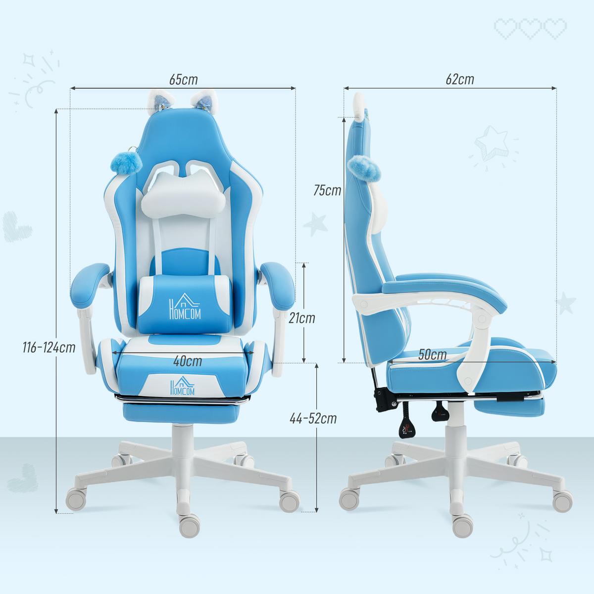 GAMING-STUHL Kunstleder Hellblau - Blau/Weiß, Kunststoff (62/124/65cm) - HOMCOM