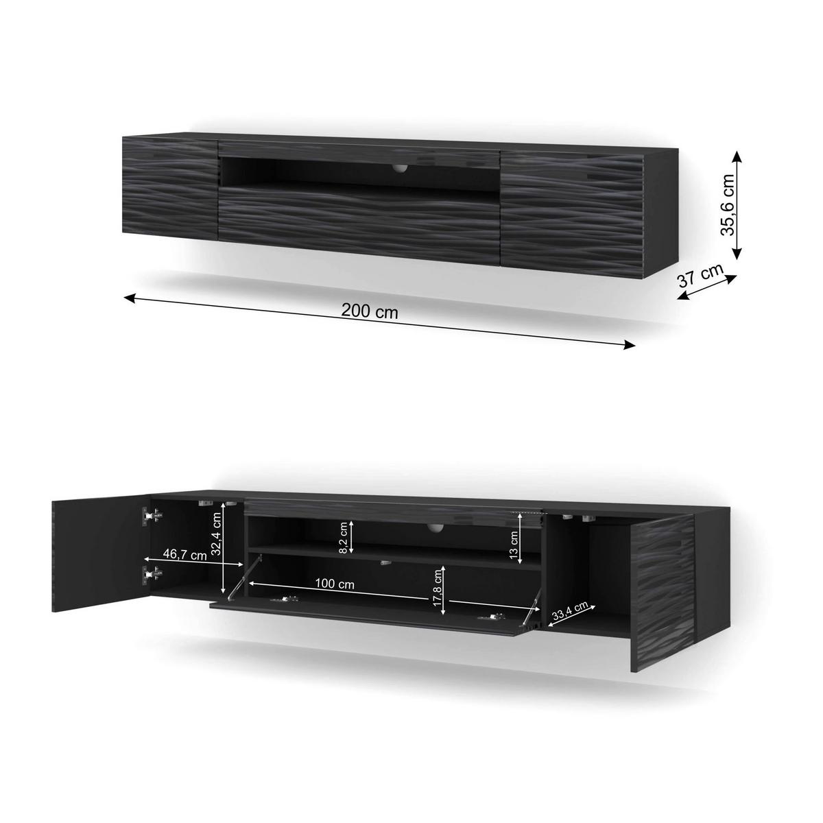 TV LOWBOARD Schwarz 200/42/37 - Anthrazit/Schwarz, Holzwerkstoff (200/42/37cm) - RAUMHIRSCH FURNITURE
