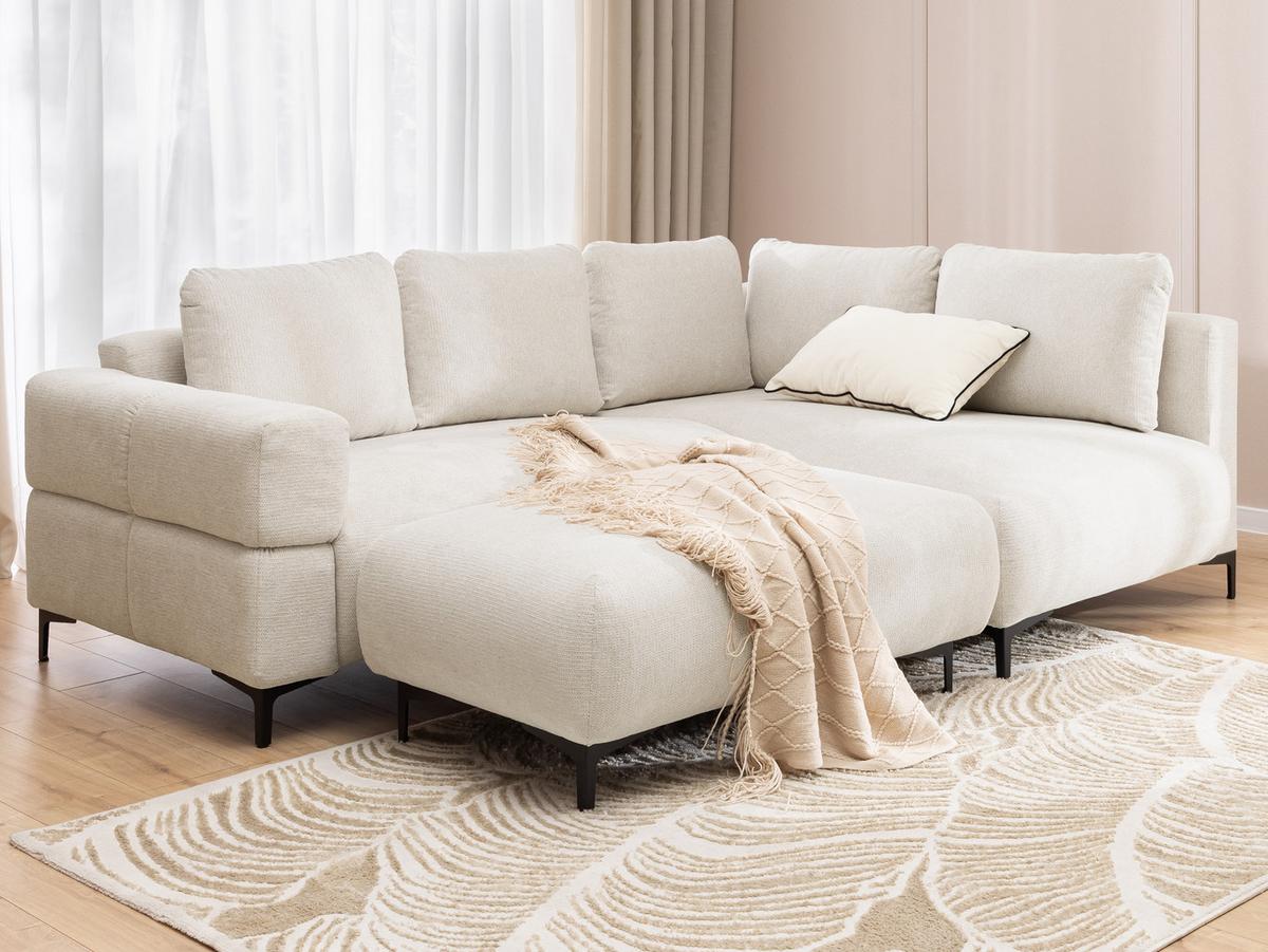ECKSOFA inkl. Hocker Cardea mit Schlaffunktion in Bubble-Optik aus weichem Creme Strukturstoff und hohem Sitzkomfort - Ottomane rechts - Creme/Schwarz, Holz/Textil (230/170cm) - S-Style