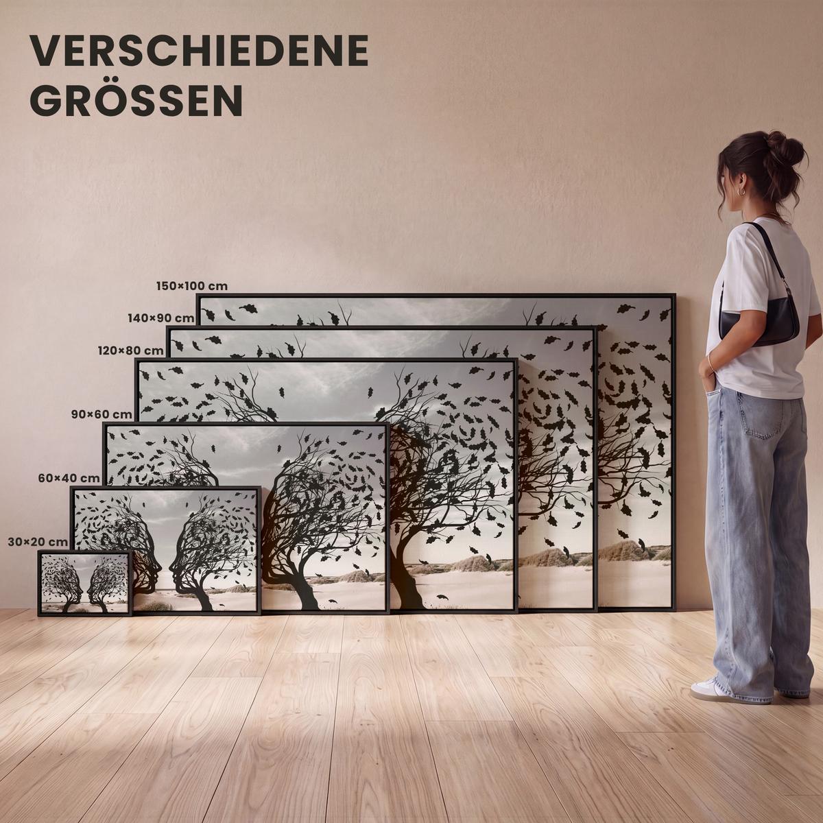 LEINWAND Bilder mit Rahmen - Strand - Meer - Menschen - Baum - Moderne Kunst - 140x90 - Hellgrau, Textil (140/90cm) - MuchoWow