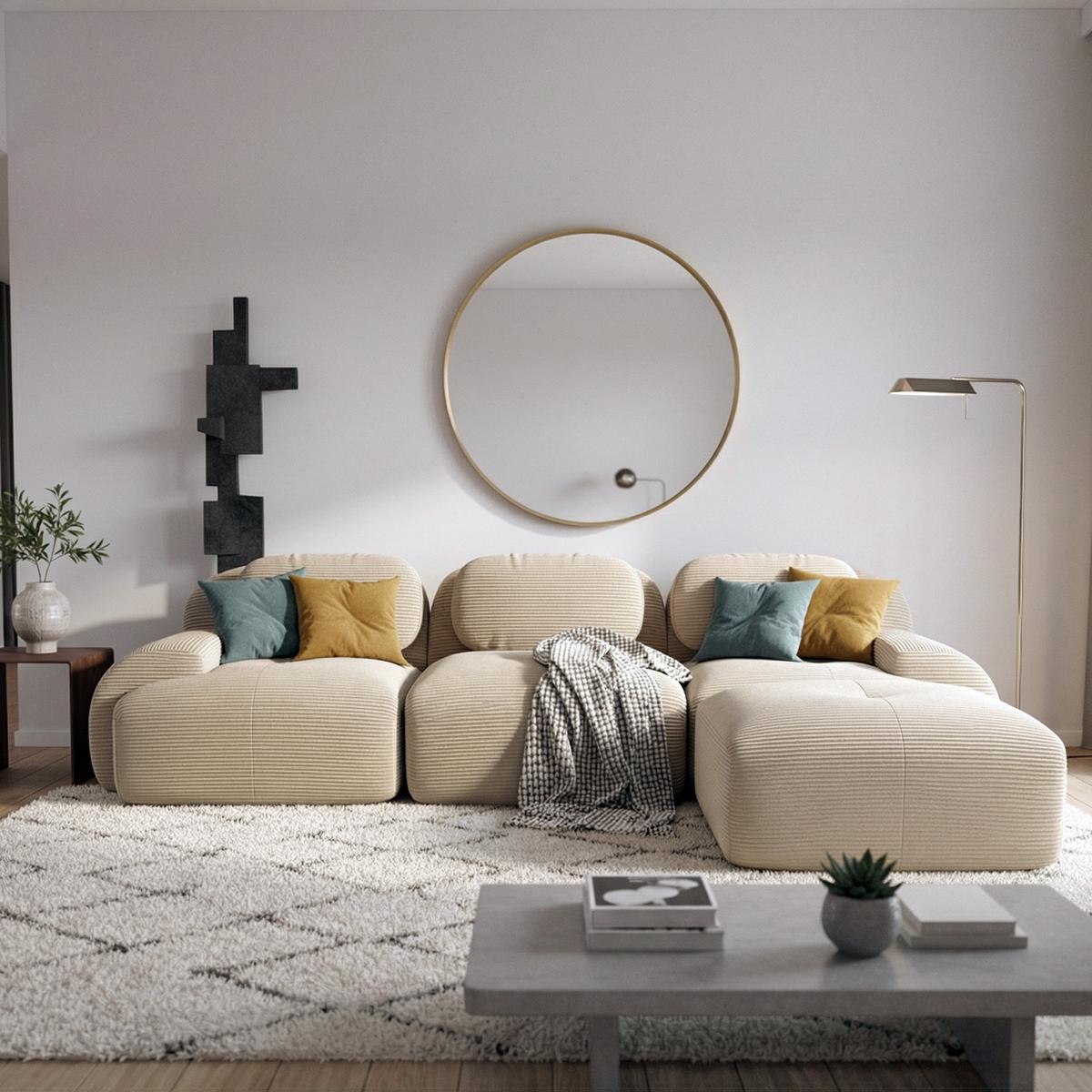 ECKSOFA 3-Sitzer in Premium-Cord Montagefrei & Rutschfest - Beige, Textil (298/178cm) - Urban Meuble