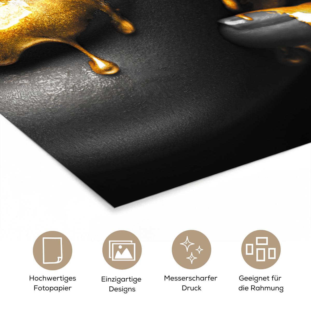 POSTER Frau - Schwarz - Gold - Gesicht - Lippen Wandbilder 30x40 cm - Goldfarben, Papier (30/40/0.1cm) - MuchoWow