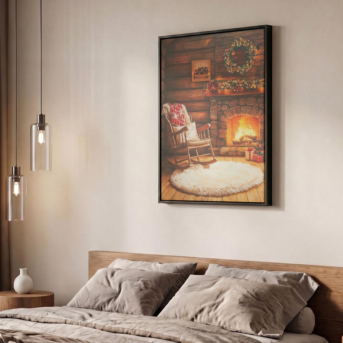 LEINWAND Bilder mit Rahmen - Winter - Weihnachten - Zuhause - Kamin - 50x70 - Bernsteinfarben, Textil (50/70cm) - MuchoWow