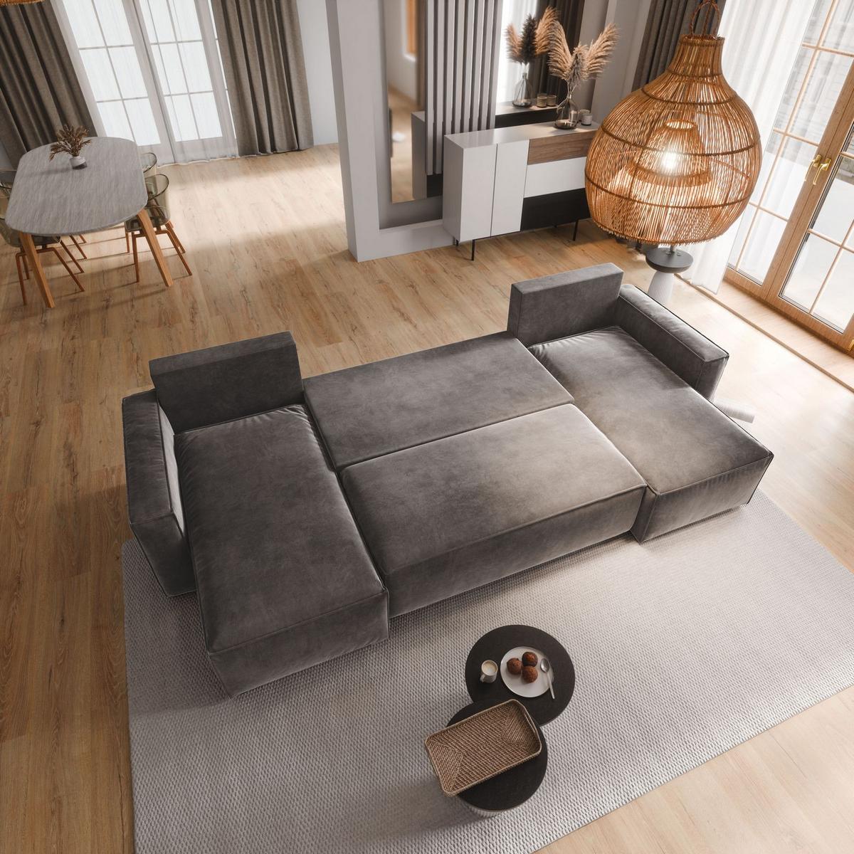 WOHNLANDSCHAFT DENI Creme Velours-Stoff mit Schlaffunktion - Creme/Grau, Holz/Kunststoff (295/85/140cm) - MASSENO