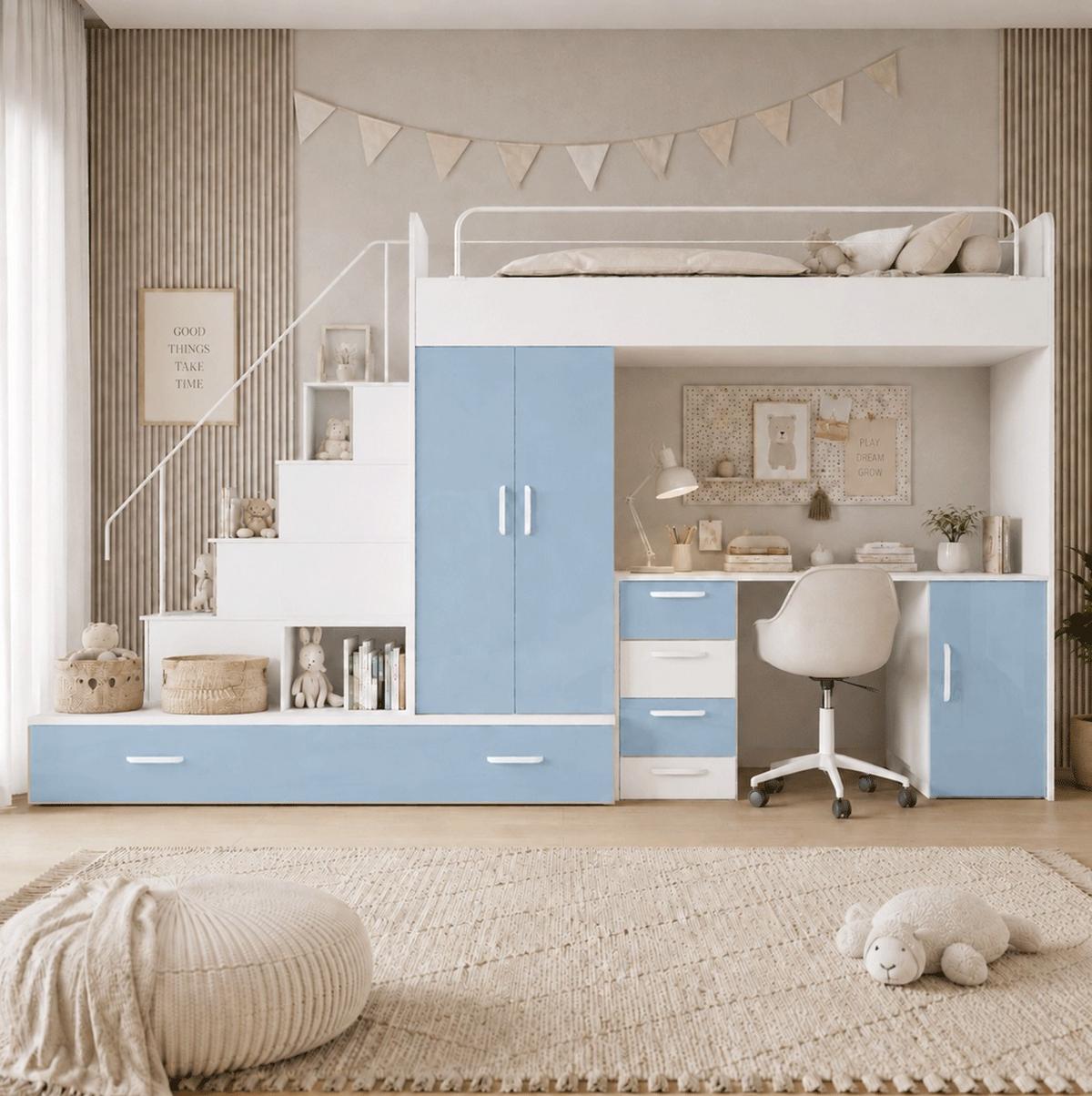 WEISSES Kinderset RAJ 5, Hochglanz - Weiß/Hellblau, Holzwerkstoff (320/180/86cm) - Lookway