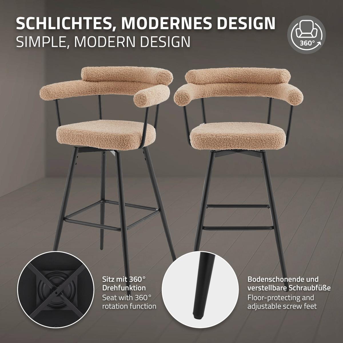 BARHOCKER 2er Set drehbar Braun mit Teddy-Stoff 76 cm hoch - Schwarz/Braun, Textil/Metall (61/103/55cm) - ML-DESIGN