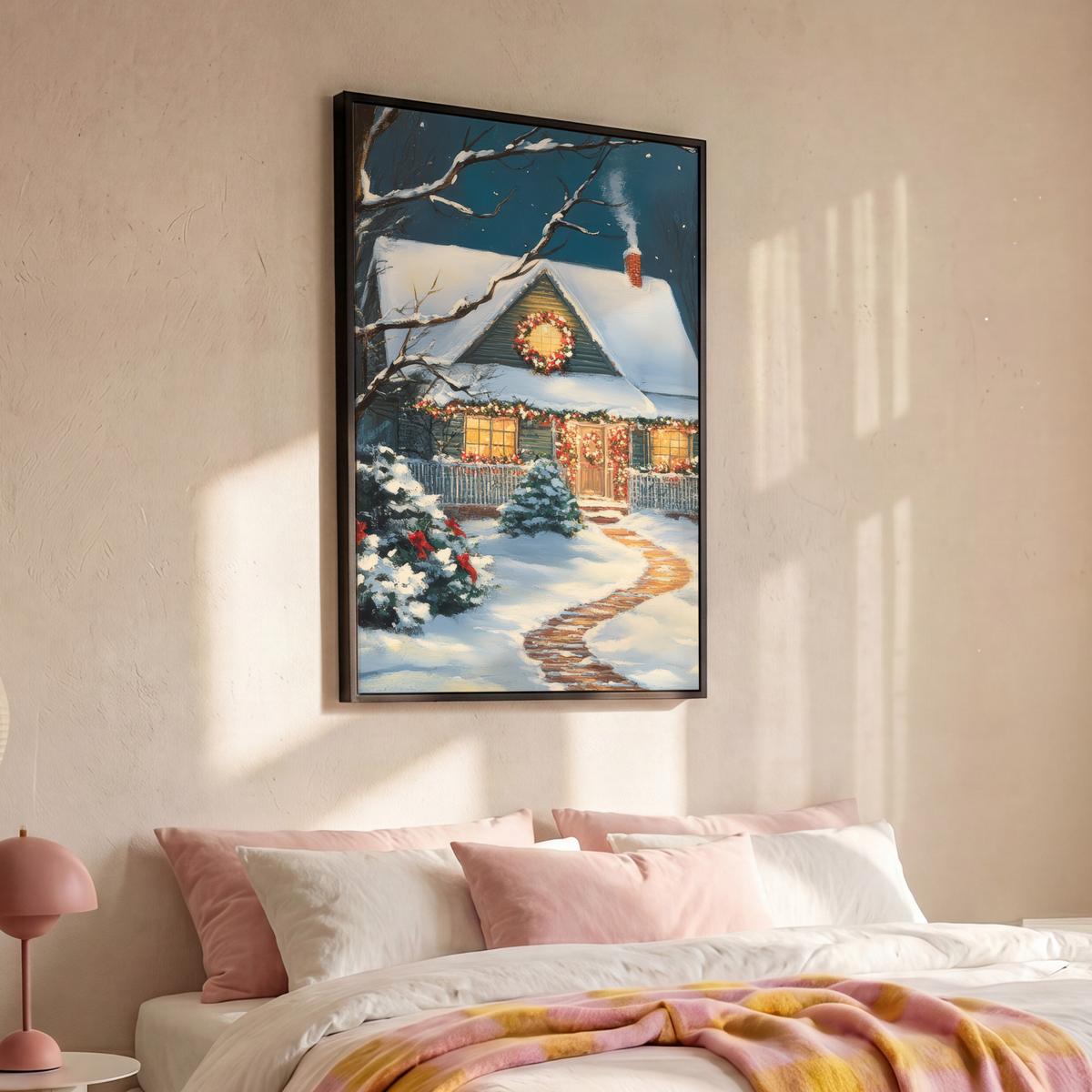 LEINWAND Bilder mit Rahmen - Weihnachten - Weihnachtsbaum - Winter - Zuhause - Schnee - 80x120 - Smaragdgrün, Textil (80/120cm) - MuchoWow