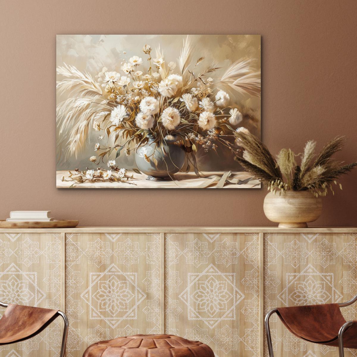 METALLBILD Blumen - Vase - Stilleben - Beige 80x60 cm - Creme, Metall (80/60cm) - MuchoWow