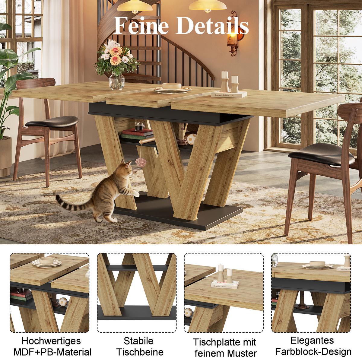 ESSTISCH Ausziehbar 100-176cm Eiche & Schwarz Teleskopdesign - Naturfarben, Holzwerkstoff (80/119/75cm) - Urban Meuble