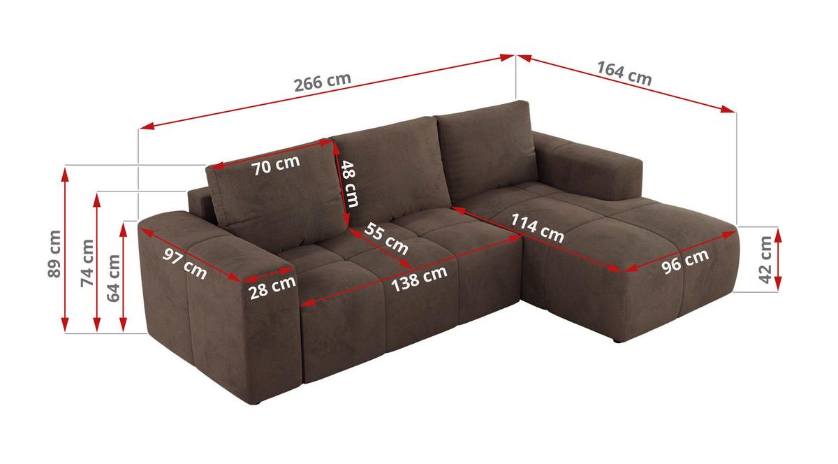 ECKSOFA MONIVA Braun Velvet - Links - Schwarz/Braun, Textil (164/266cm) - MKS