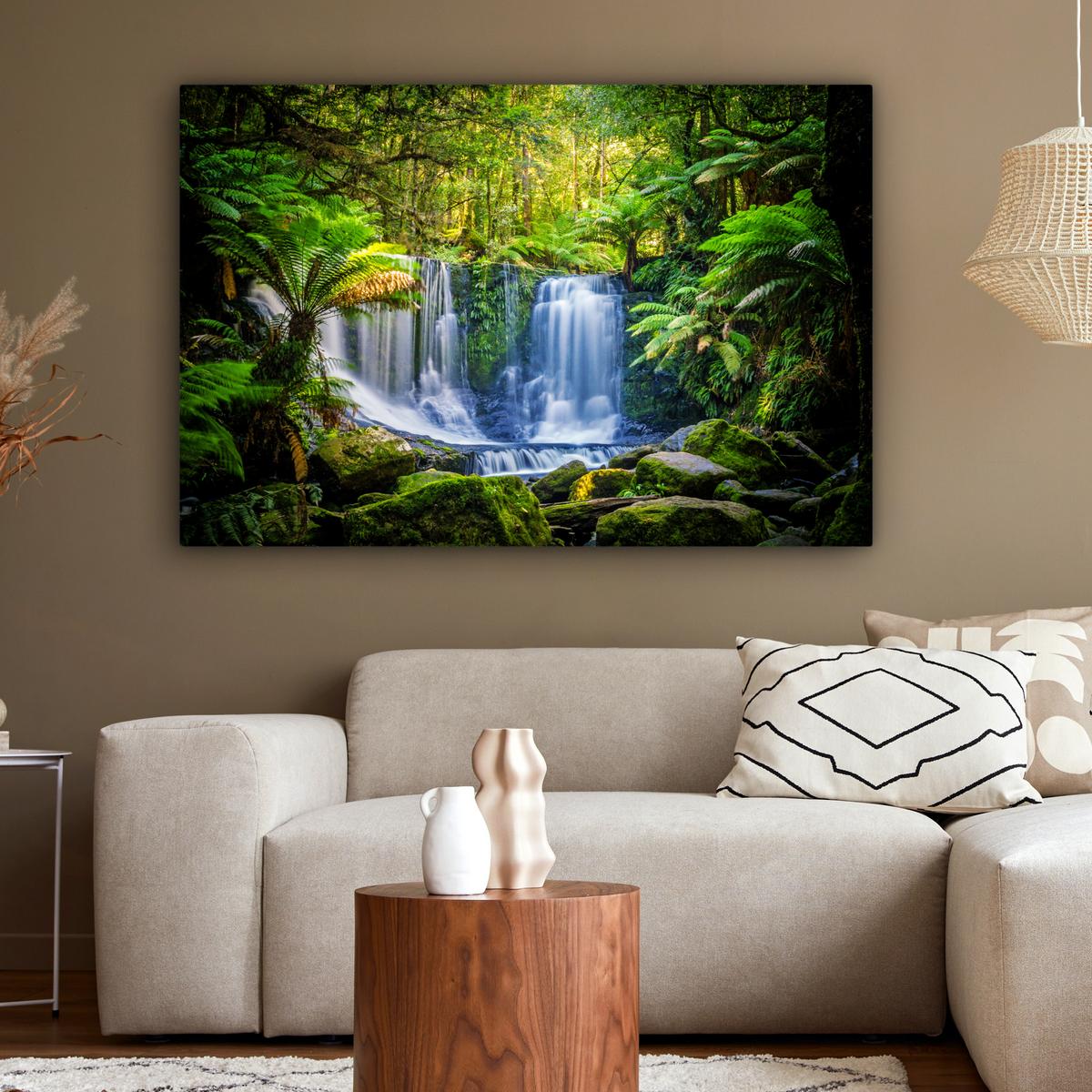 LEINWANDBILD Dschungel - Wasserfall - Australien - Pflanzen - Natur XXL 150x100 cm - Dunkelgrün, Textil (150/100cm) - MuchoWow