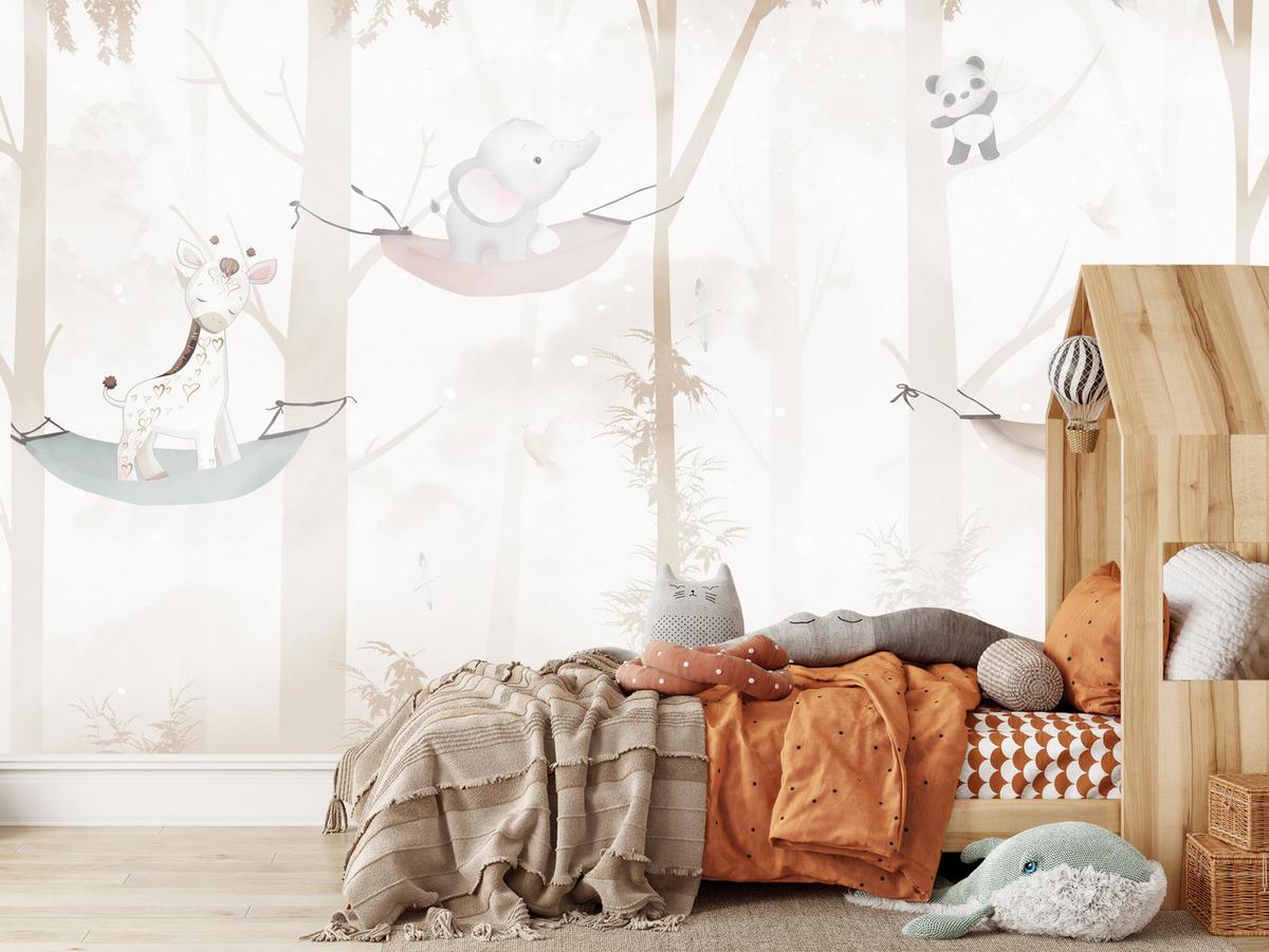 FOTOTAPETE für Kinderzimmer Tiere Hängematten WALD Elefant Giraffe 400x280 - Beige/Schwarz, Papier (400/280cm) - Muralo