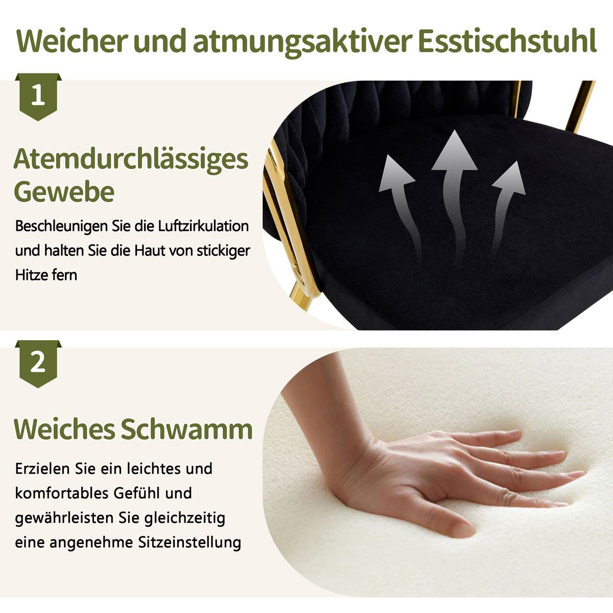ESSZIMMERSTUHL 2ER-SET aus Samt mit goldenen Beinen, ergonomisch gepolstert - Schwarz, Textil (43/76/58cm) - Urban Meuble