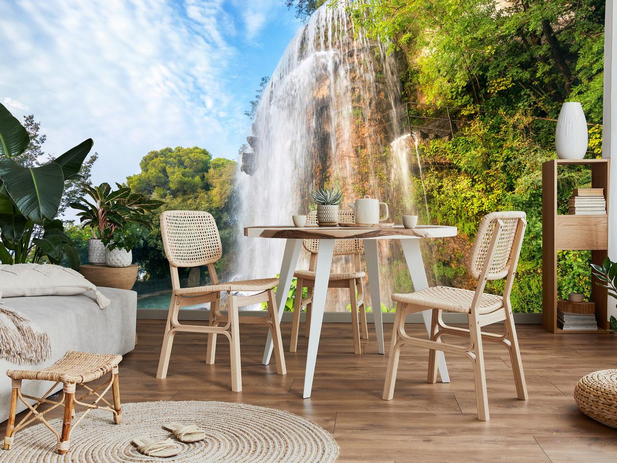 FOTOTAPETE für Wohnzimmer Wasserfall Nizza Felsen Pflanzen Bäume 500x350 - Blau/Beige, Papier (500/350cm) - Muralo