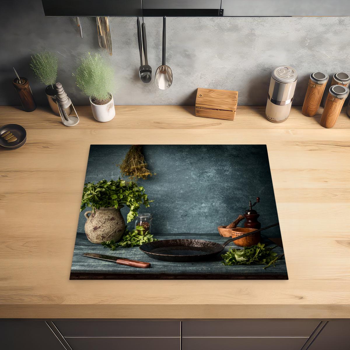 HERDABDECKPLATTE Kräuter - Gewürze - Pfanne - Messer - Grau - Rustikal Ceranfeldabdeckung 59x52 cm - Petrol, Kunststoff (59/52/0.2cm) - MuchoWow