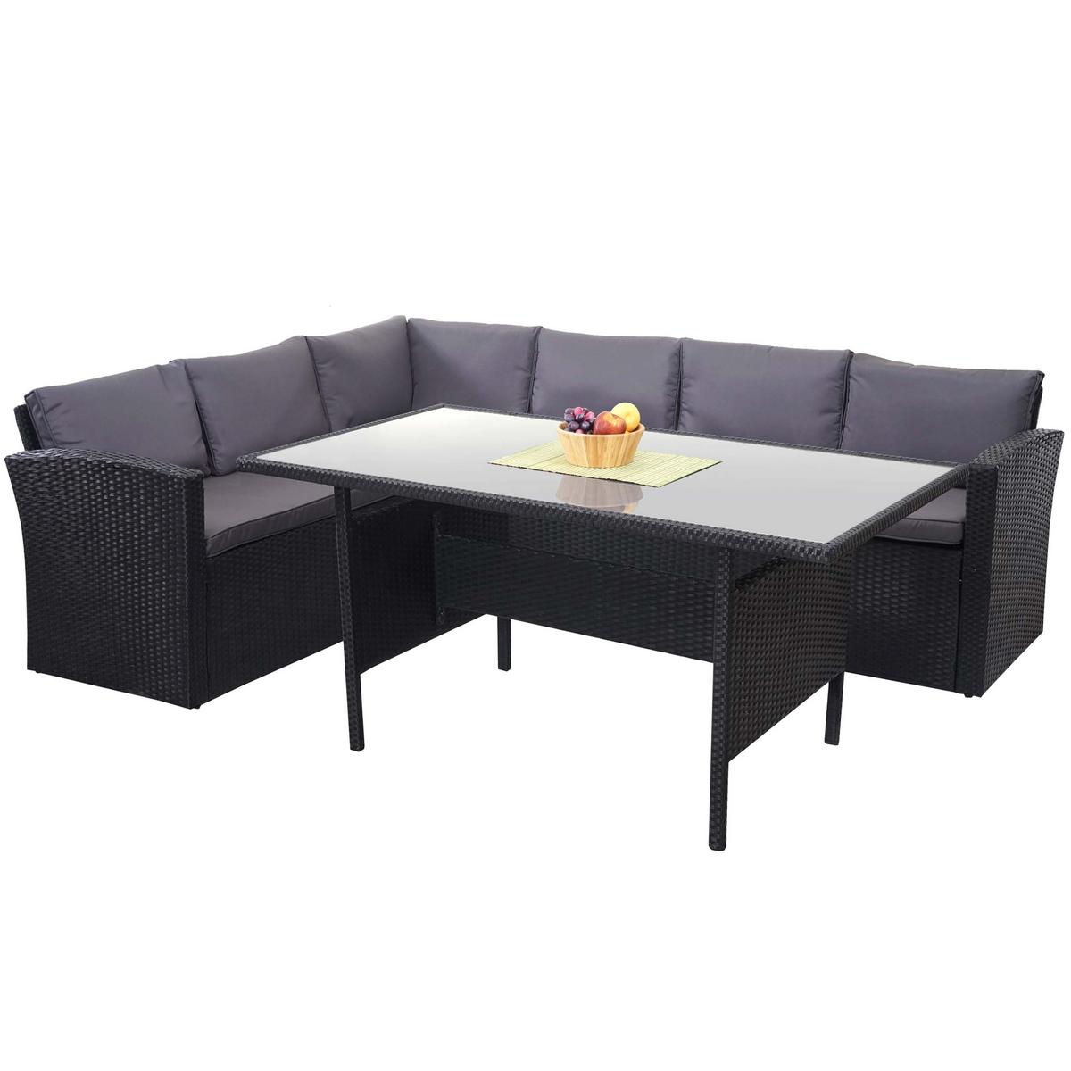 POLY-RATTAN-GARNITUR Schwarz 1 Eckbank, 1 Tisch-Set - Schwarz, Kunststoff - MCW