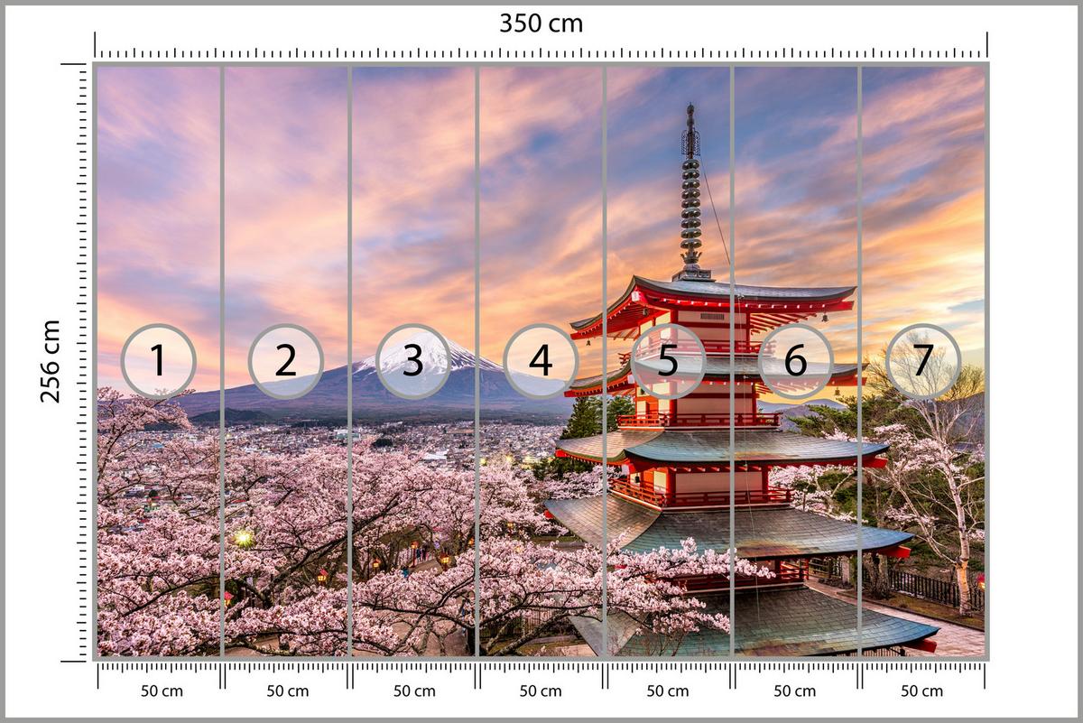FOTOTAPETE für Wohnzimmer Japanische Pagode Frühling Sonnenuntergang 350x256 - Rot/Violett, Papier (350/256cm) - Muralo