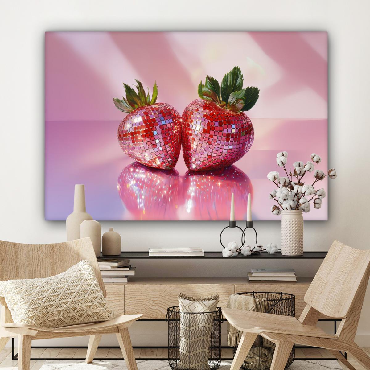LEINWANDBILD Disco - Obst - Glitzer - Erdbeere XXL 150x100 cm - Pink, Textil (150/100cm) - MuchoWow