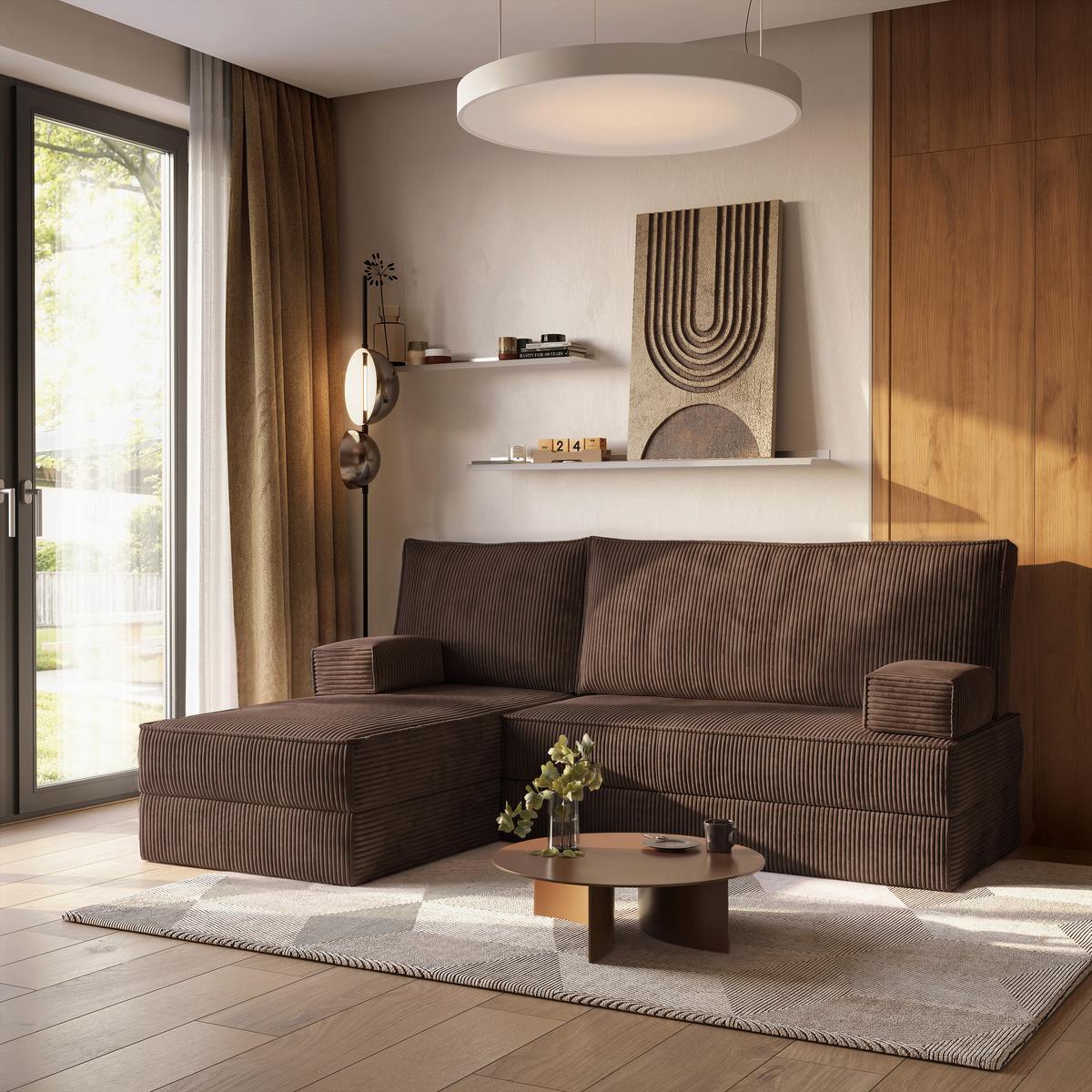 ECKSOFA NOTIA modulares Boneless Sofa mit Schlaffunktion Braun Kordstoff - Braun, Textil (200/120cm) - MASSENO