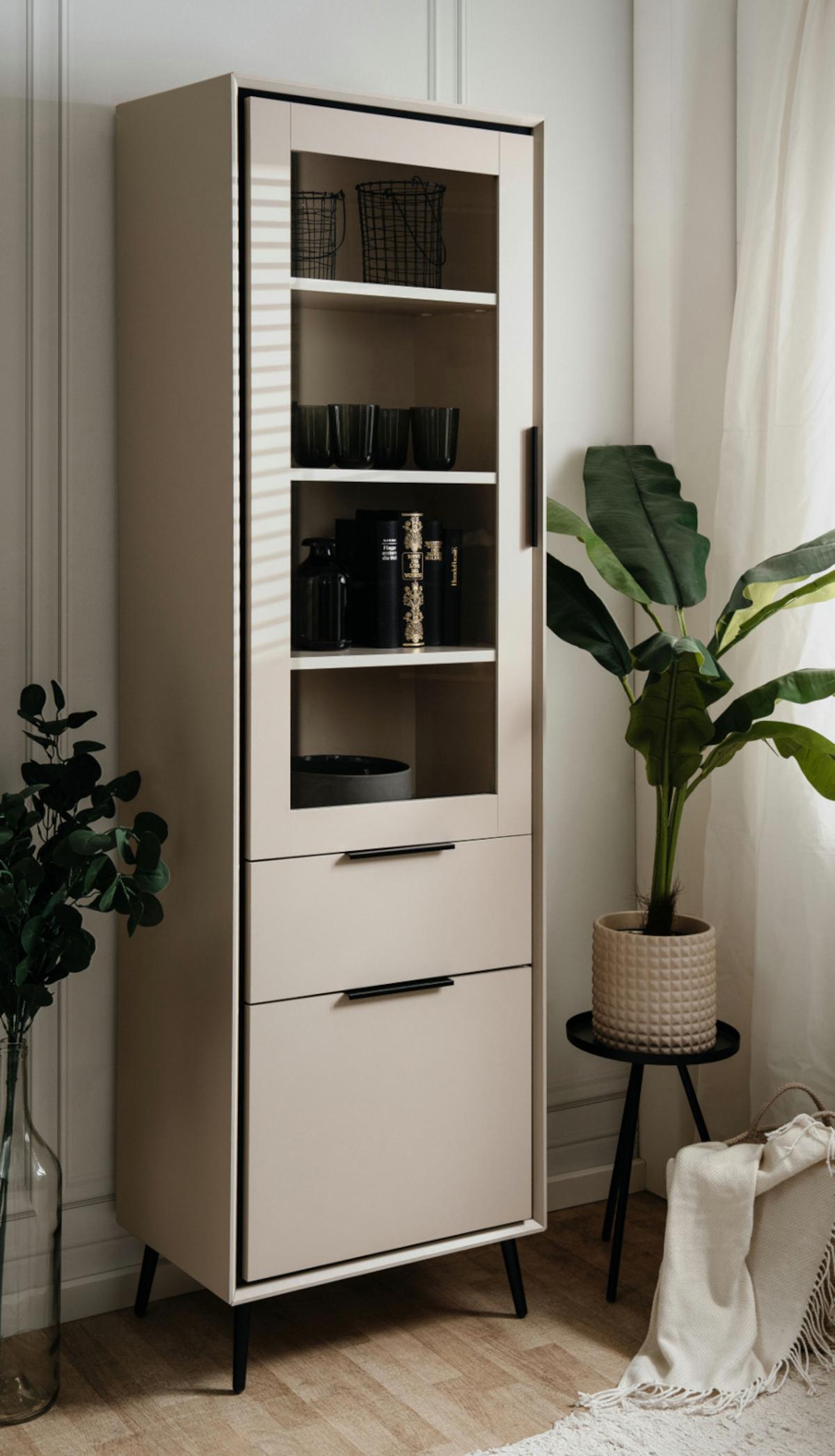 VITRINE sand, schwarz 60 cm, Vitrinenschrank mit Soft-Close-Funktion - Sandfarben/Schwarz, Glas/Holzwerkstoff (60/200/38cm) - Furn.Design