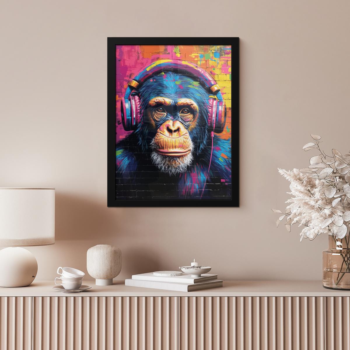 POSTER MIT RAHMEN Graffiti - Schimpanse - Straßenkunst - Kopfhörer - Affe Bilderrahmen 30x40 cm - Blau, Papier (30/40cm) - MuchoWow