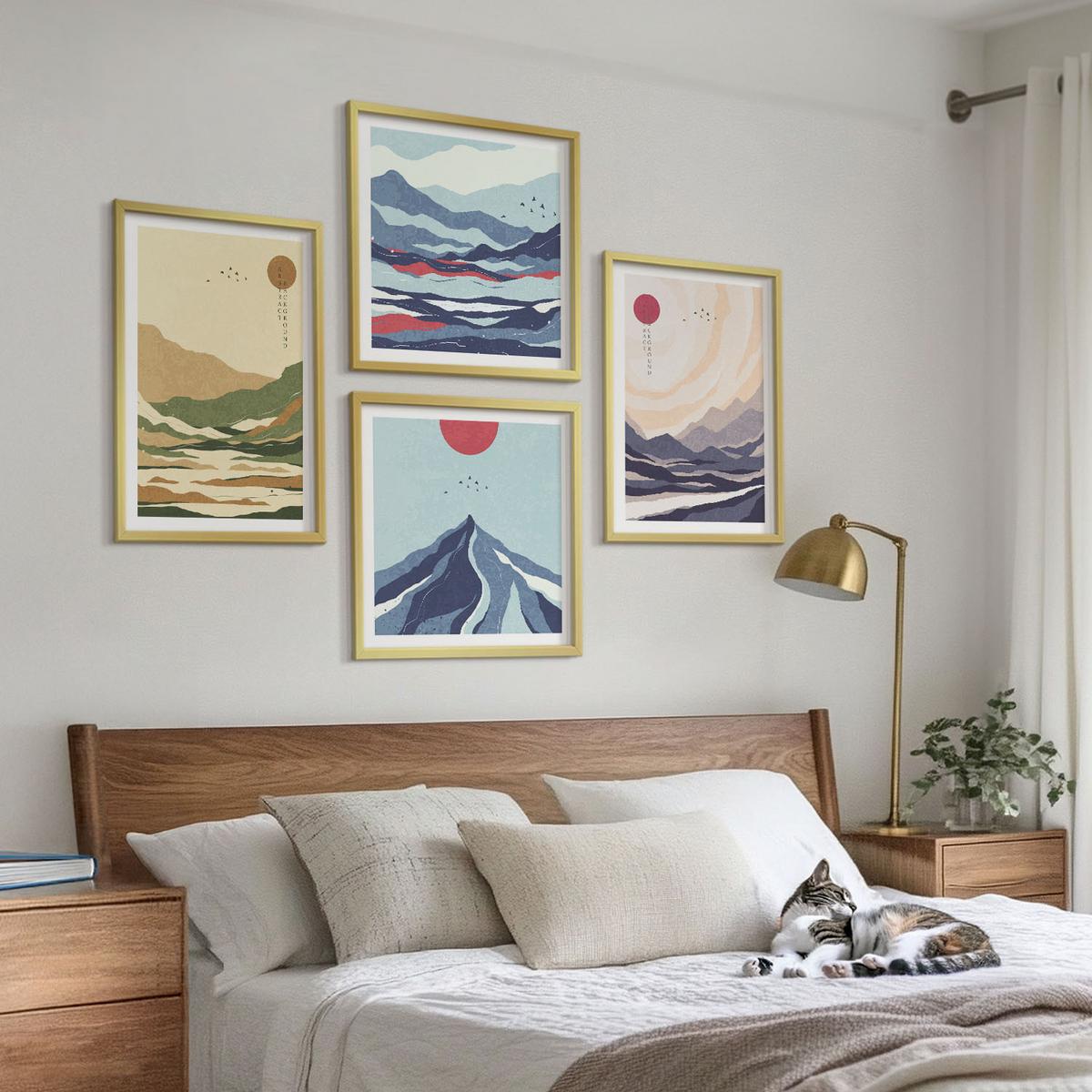 BILDER SET 4er Set - 50x50 cm & 40x60 cm Goldrahmen - Pastellfarbene Berge im Japandi-Stil - Goldfarben, Kunststoff (50/50cm) - TULUP