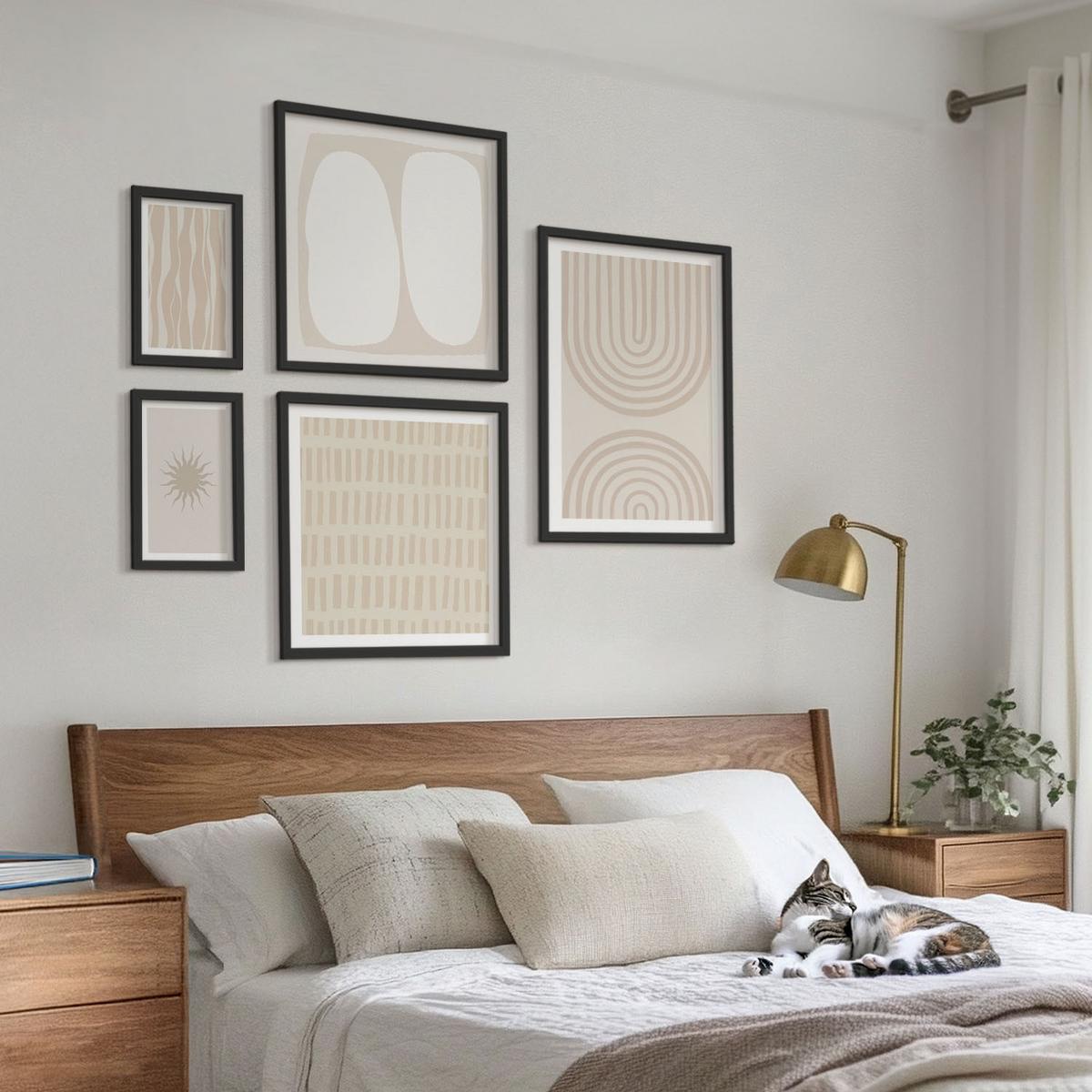 BILDER SET 5er Set - 50x50 cm & 20x30 cm & 40x60 cm Schwarzer Rahmen - Abstrakte Boho-Musterformen - Schwarz, Kunststoff (40/60cm) - TULUP