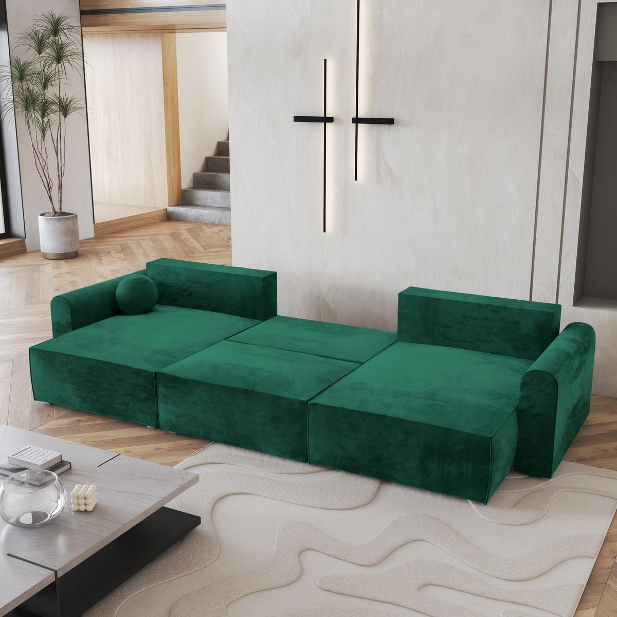 WOHNLANDSCHAFT FENTO M Grün Velours-Stoff mit Schlaffunktion - Grau/Grün, Holz/Kunststoff (347/90/148cm) - MASSENO