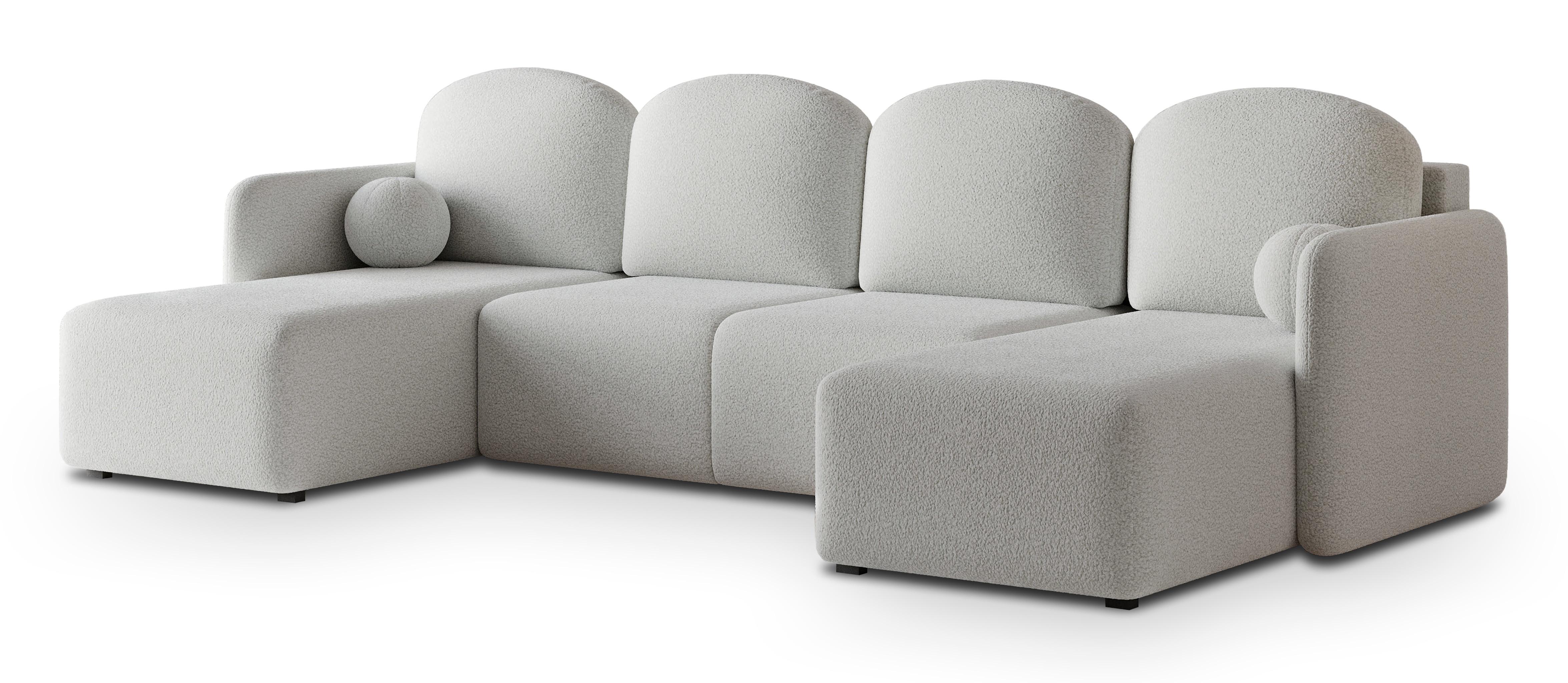 WOHNLANDSCHAFT NUBERO Hellgrau Boucle-Stoff mit Schlaffunktion - Hellgrau, Holz (285/85/143cm) - MASSENO