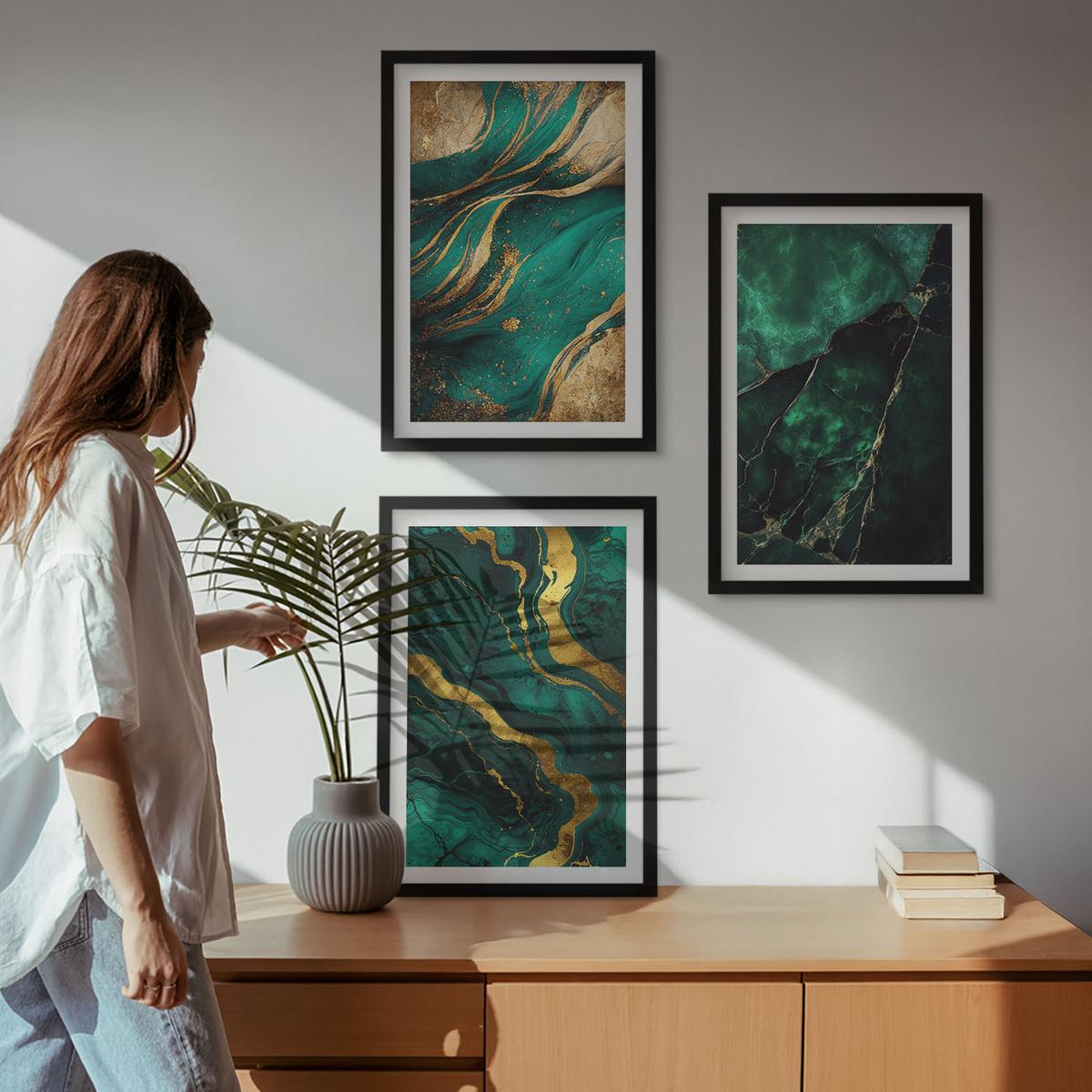 BILDER SET 3er Set - 40x60 cm Schwarzer Rahmen - Elegante Steinmuster - Schwarz, Kunststoff (40/60cm) - TULUP