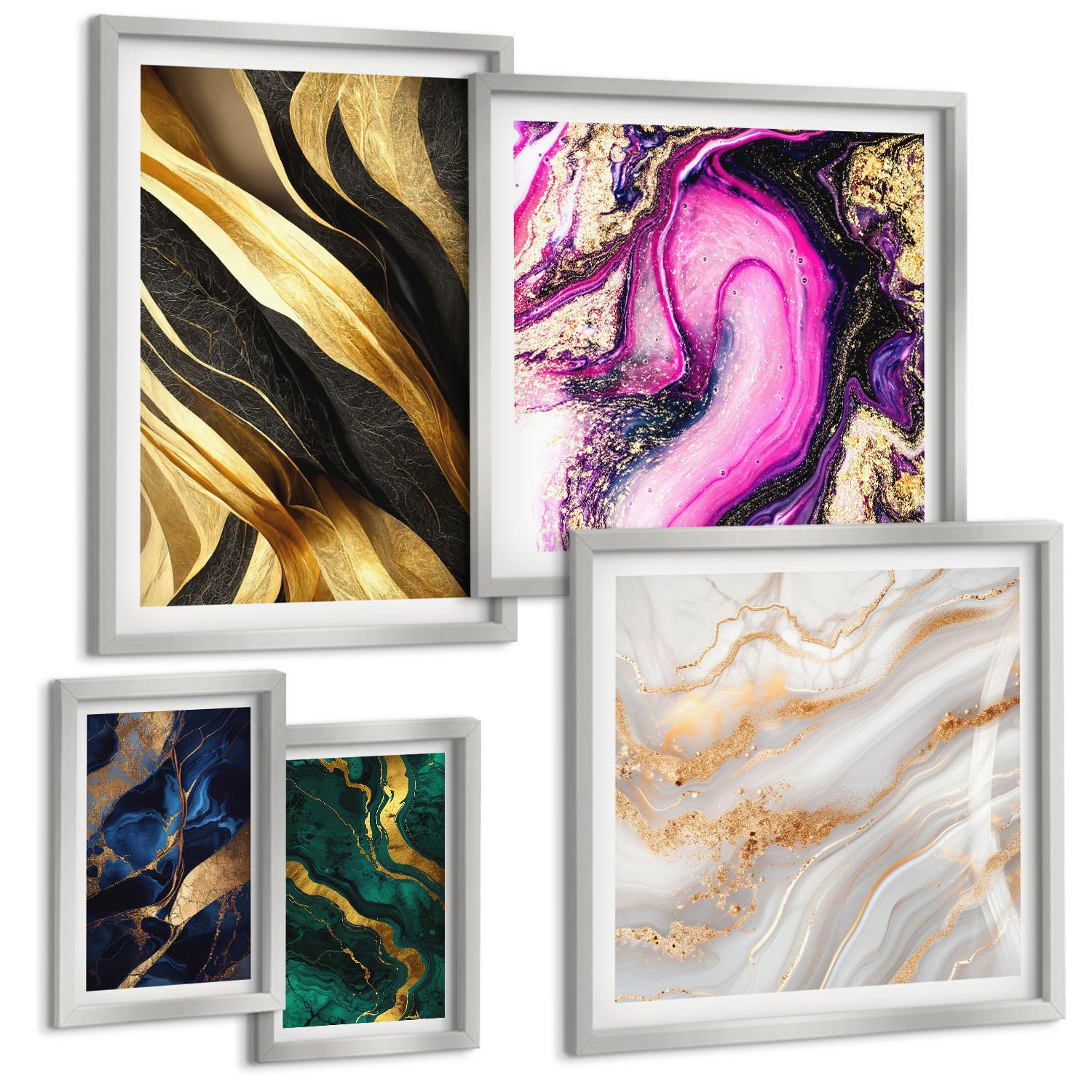 BILDER SET 5er Set - 50x50 cm & 20x30 cm & 40x60 cm Silberner Rahmen - Abstrakter Marmor mit Farben - Silberfarben, Kunststoff (40/60cm) - TULUP