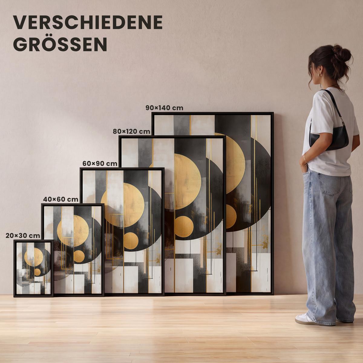 LEINWAND Bilder mit Rahmen - Abstrakt - Gold - Silber - Formen - Ästhetisch - Modern - 80x120 - Goldfarben, Textil (80/120cm) - MuchoWow
