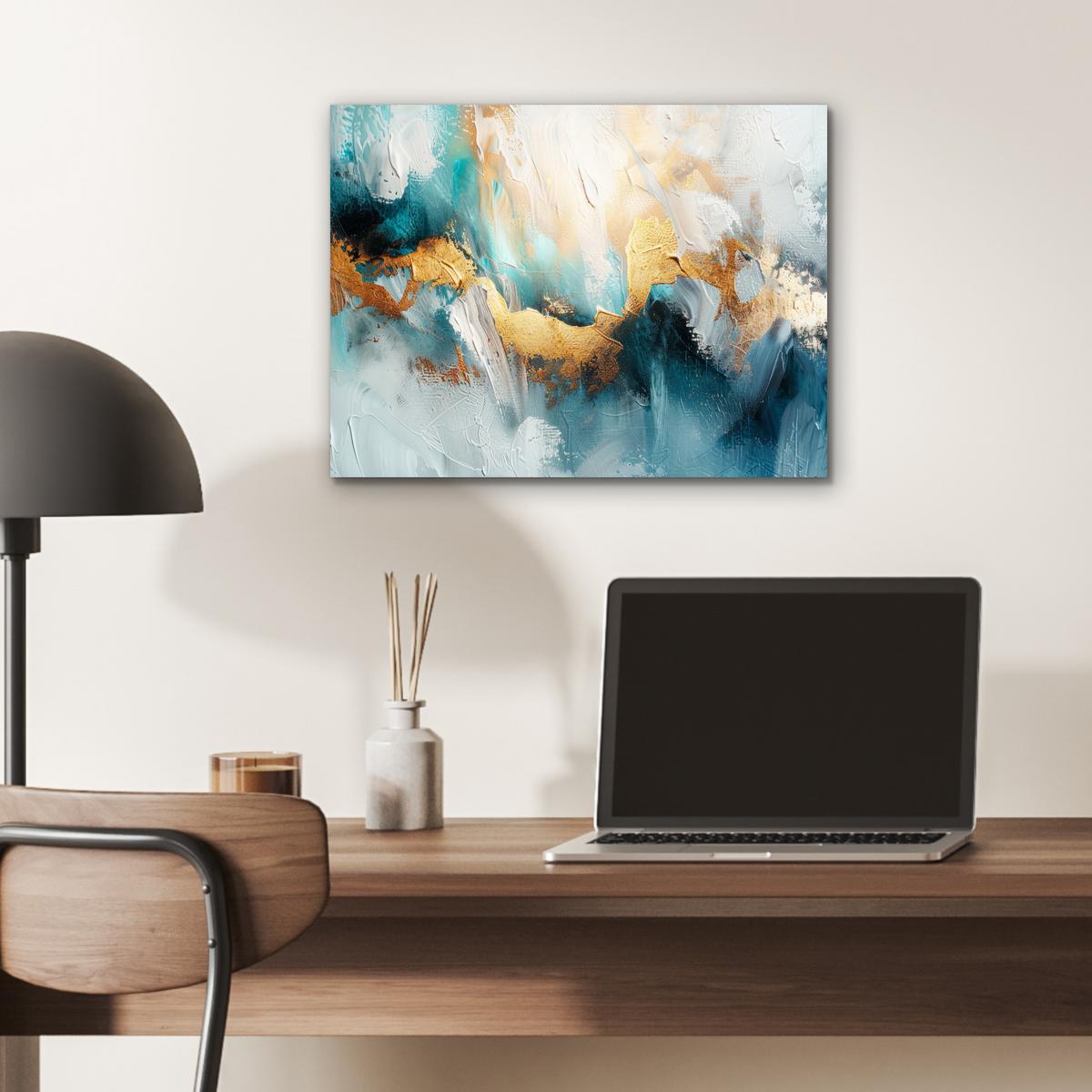 METALLBILD Abstrakt - Kunst - Gold - Blau 40x30 cm - Petrol, Metall (40/30cm) - MuchoWow