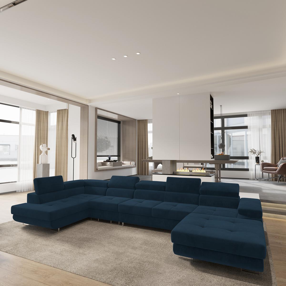 WOHNLANDSCHAFT VELORA L-S Blau Velours-Stoff mit Schlaffunktion - Blau, Holz (419/90/202cm) - MASSENO