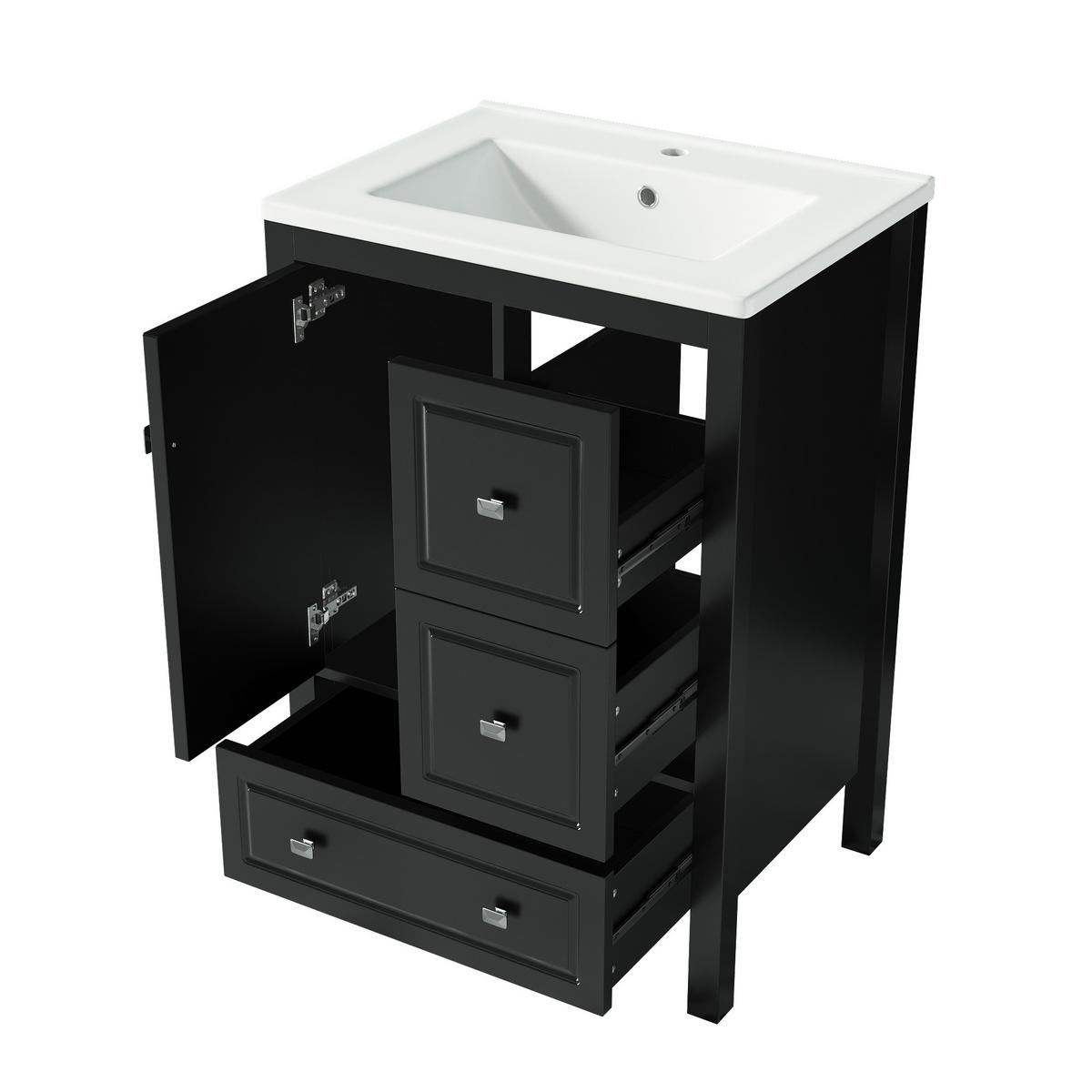 WASCHTISCH Freistehend mit Keramikbecken & 3 Schubladen 62cm - Schwarz, Holzwerkstoff (62/90/47cm) - Urban Meuble
