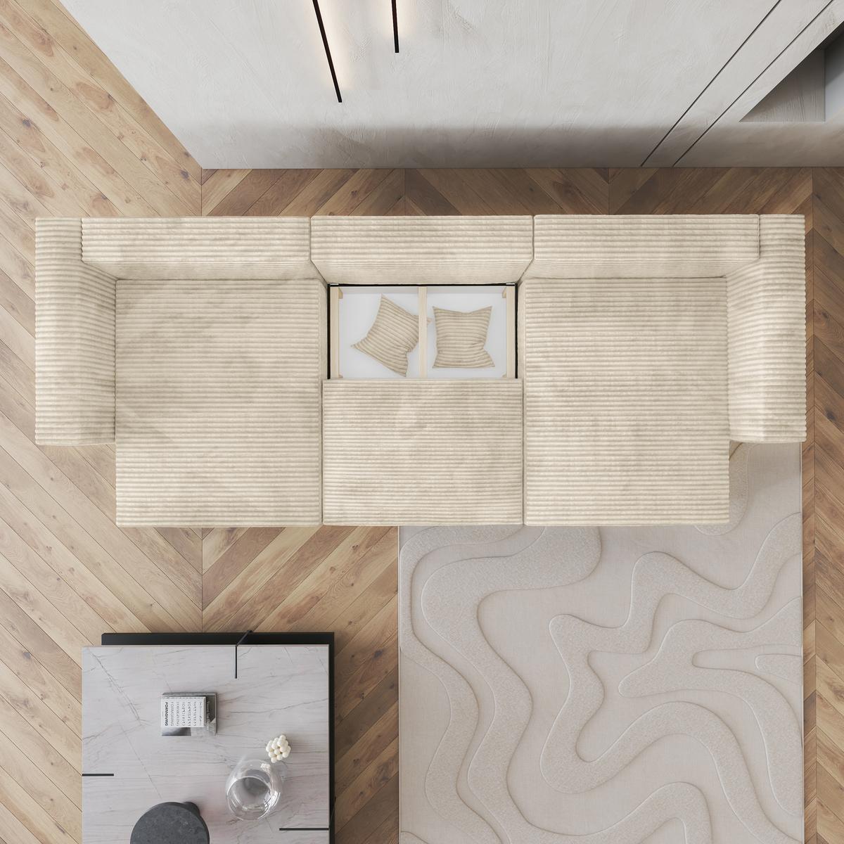 WOHNLANDSCHAFT SARMO Creme Kordstoff mit Schlaffunktion - Creme/Grau, Holz/Kunststoff (347/90/148cm) - MASSENO
